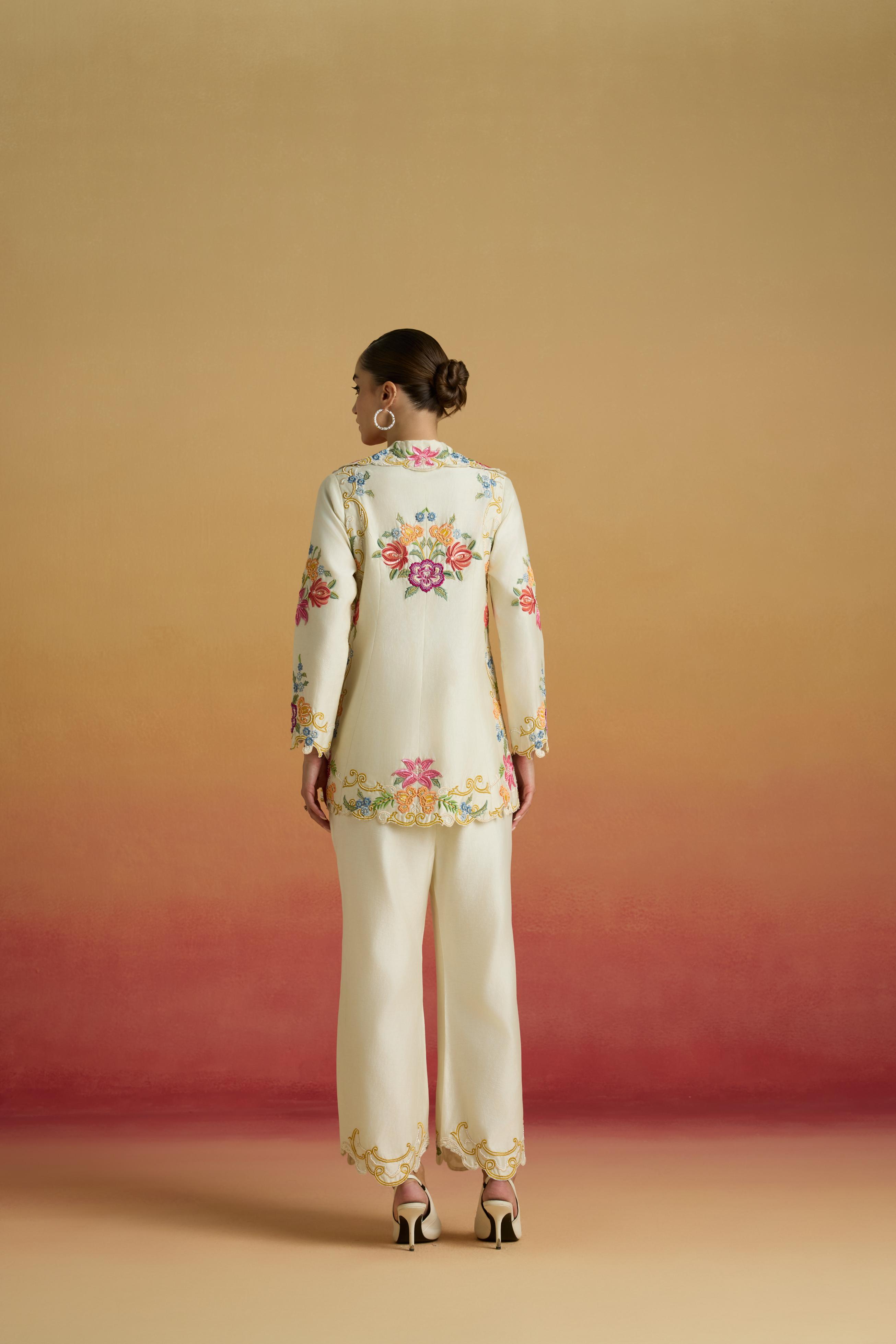 IVORY THREADWORK AND BEADWORK FLARED JACKET