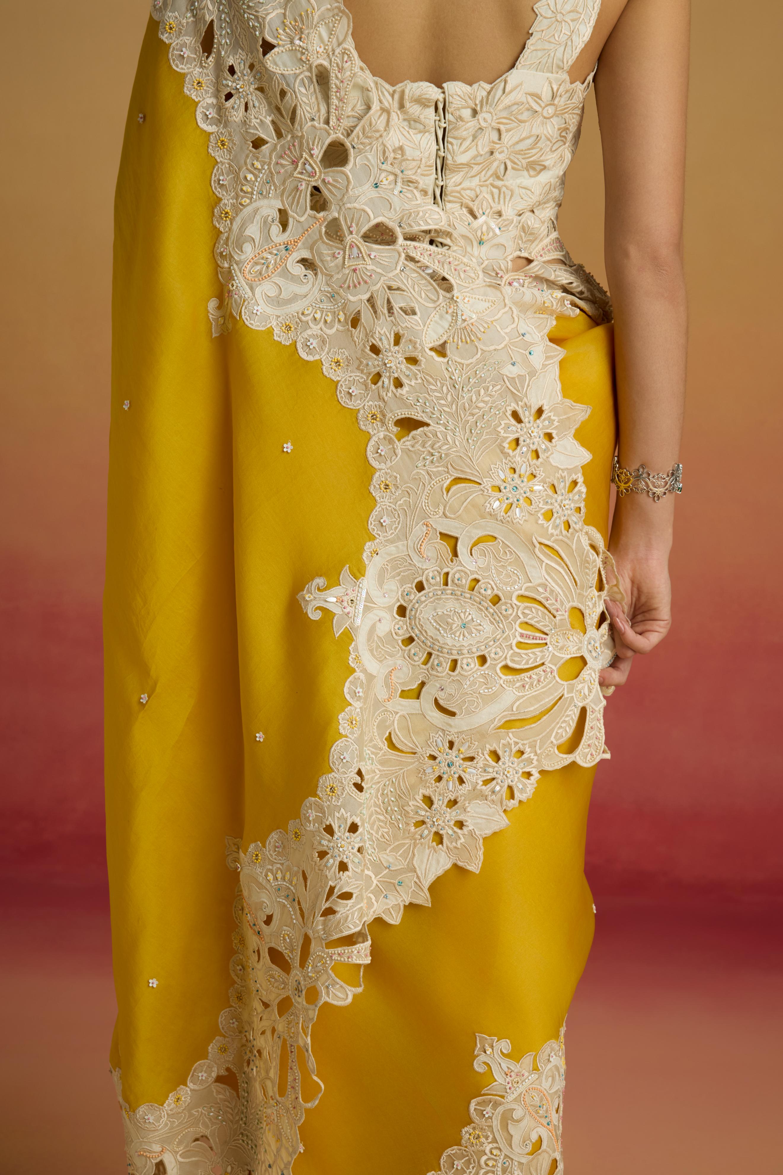 YELLOW CONTRAST CUTWORK SAREE