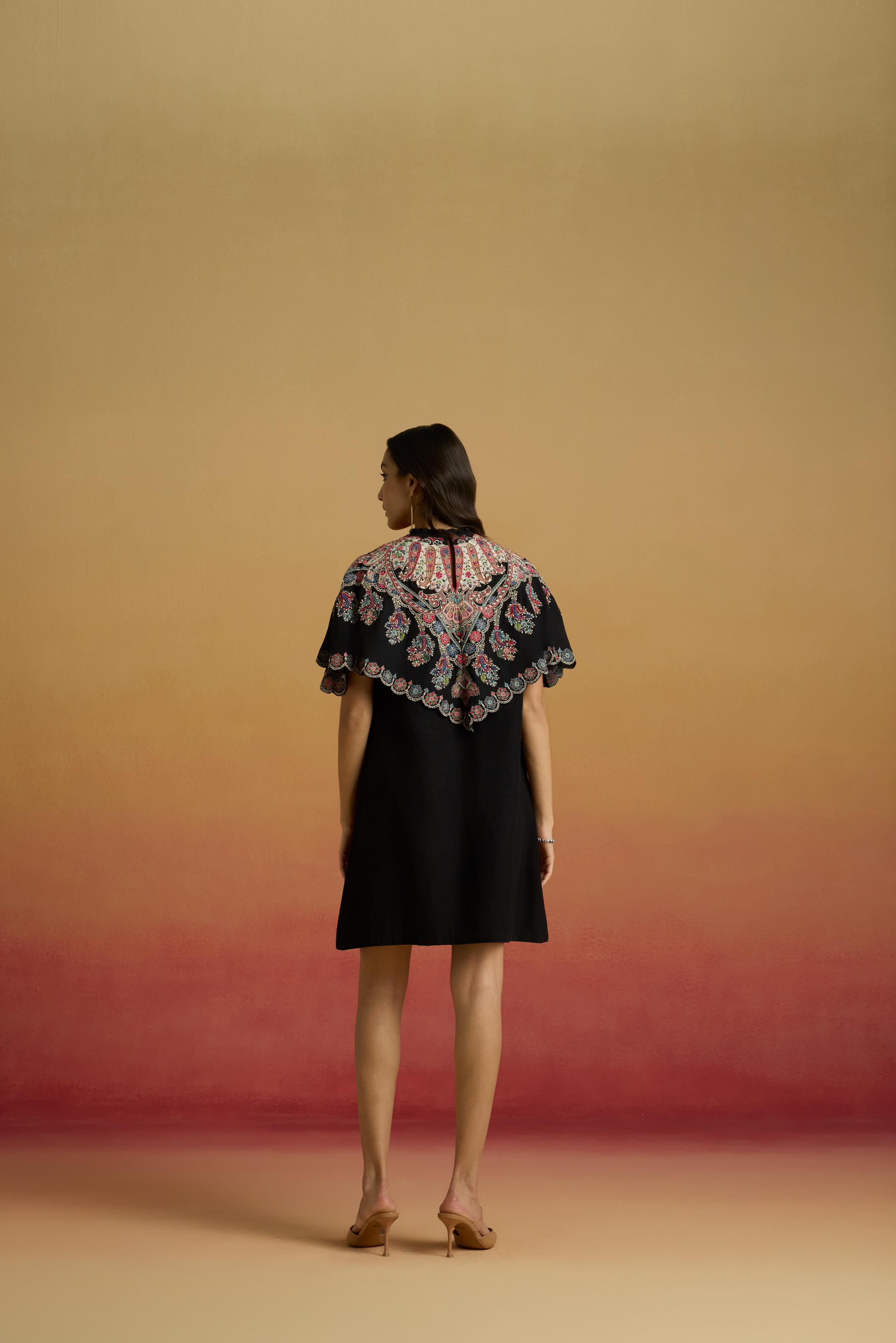 BLACK APPLIQUE CAPE SHORT DRESS