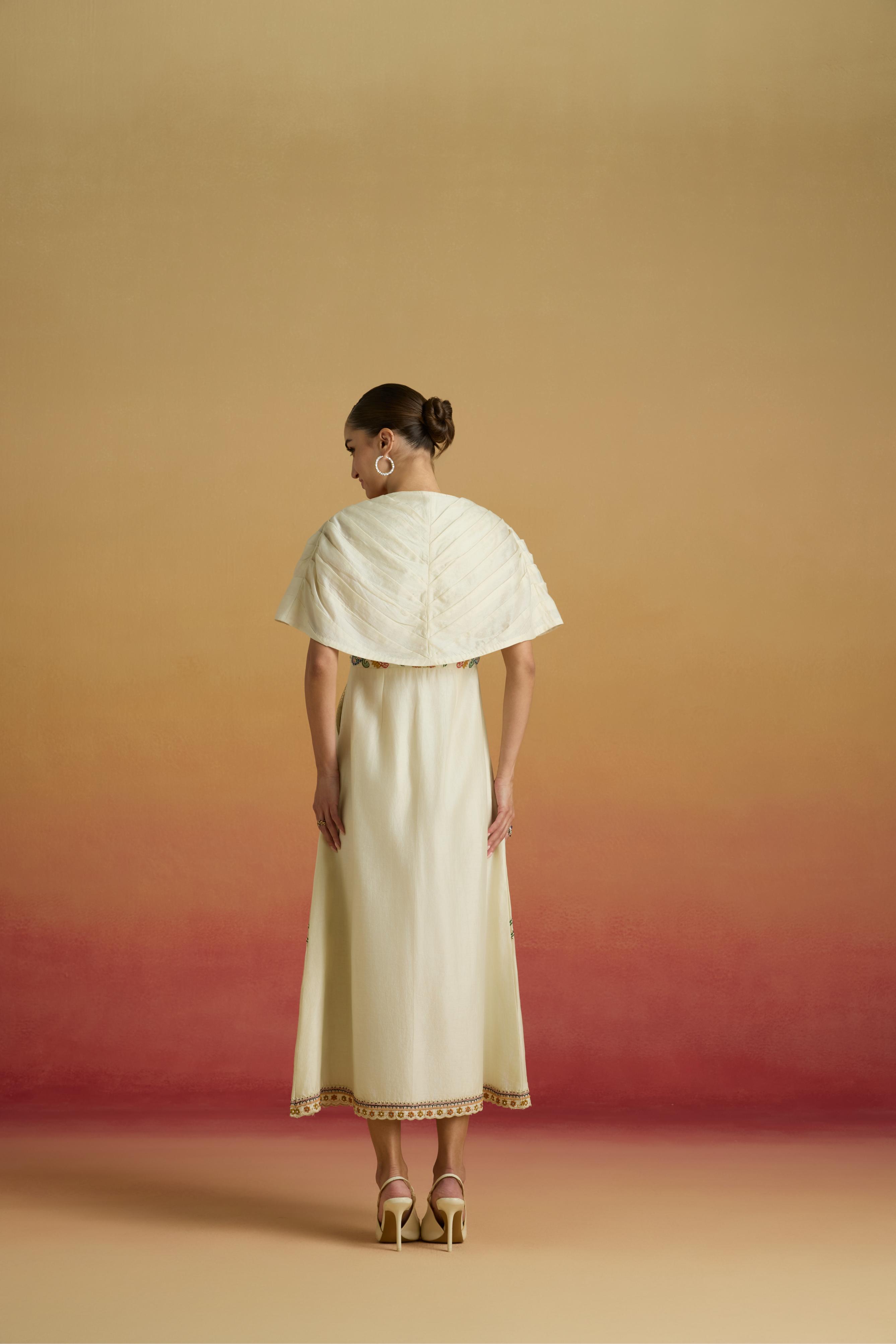 IVORY PLEATED MIDI DRESS