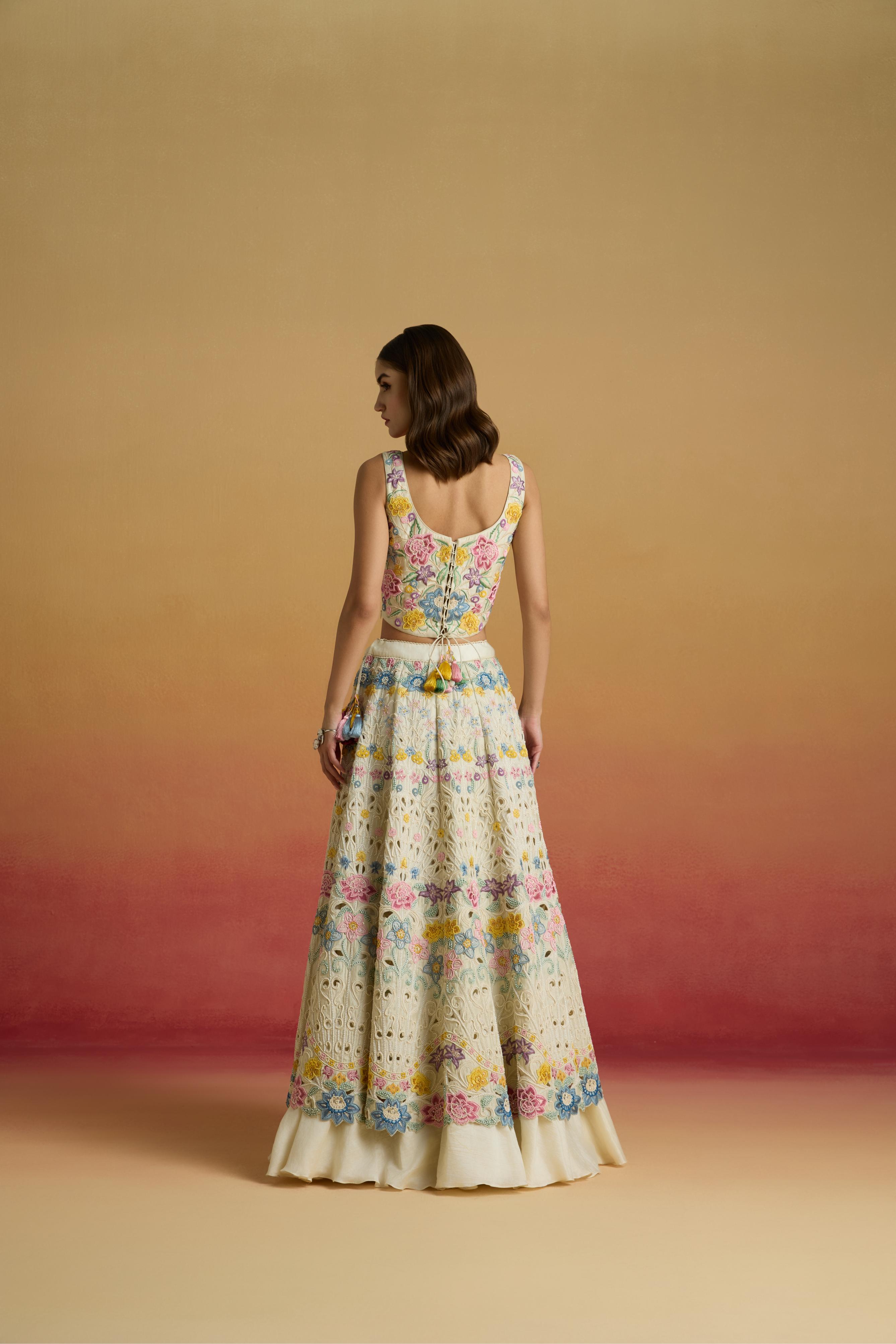 IVORY PASTEL FLORAL CORDWORK LEHENGA