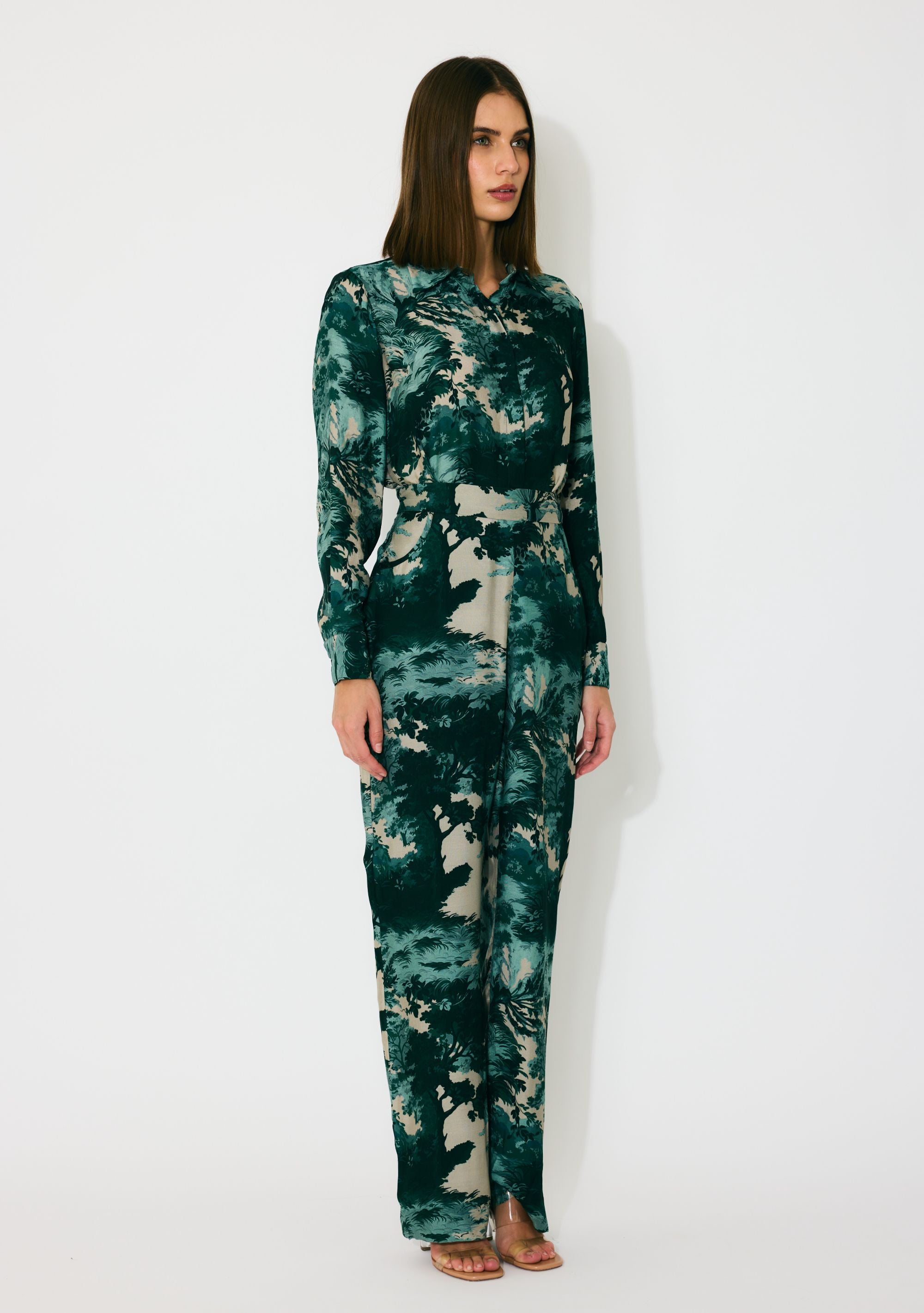 DARK GREEN, MINT AND BEIGE TOIL PRINT PANTS