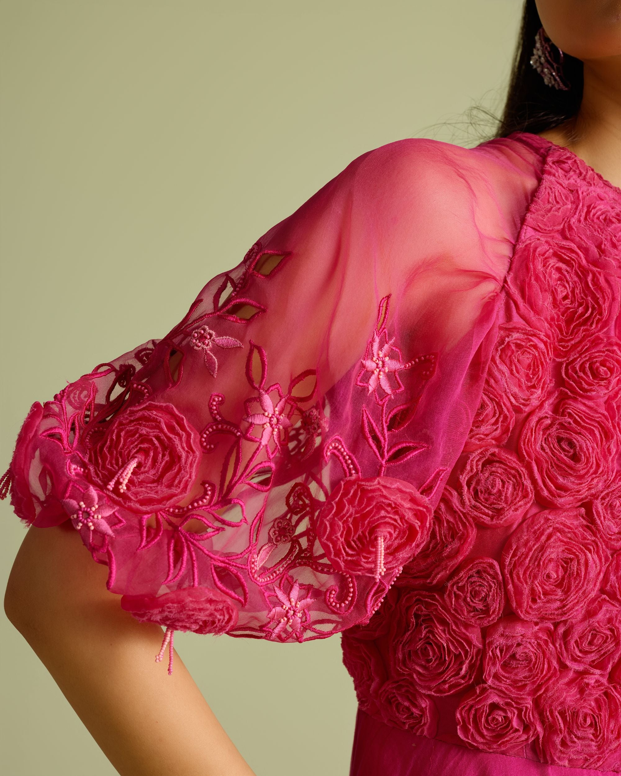 Fuchsia 3D Rose Applique & Cutwork Flounce Dress
