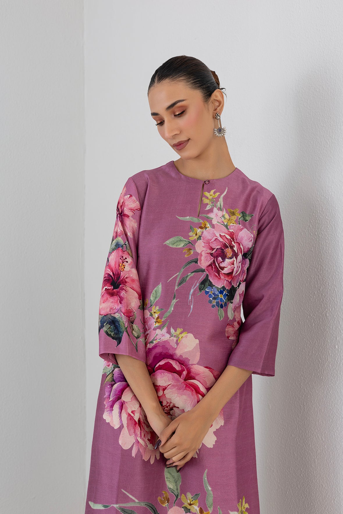 Fuchsia Pink Dupion Peony Flower Printed Shirt