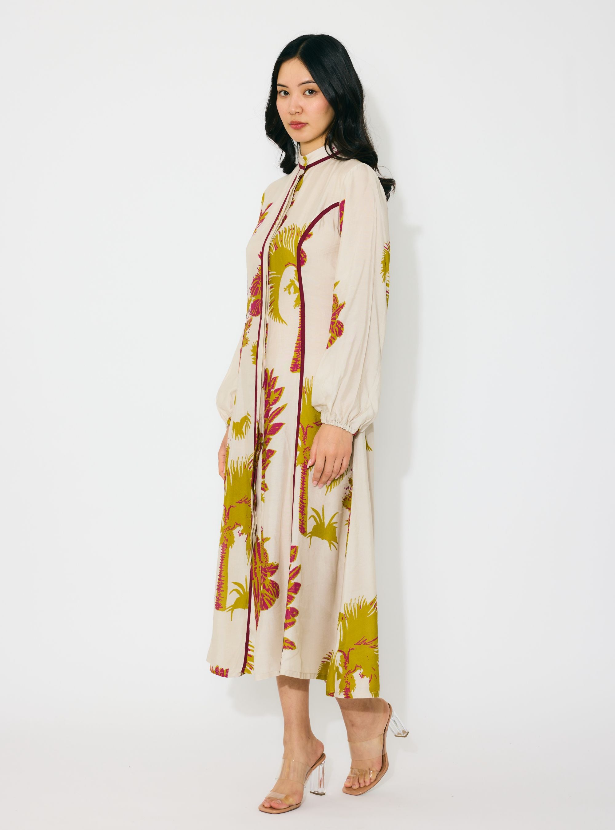 BEIGE, MUSTARD AND HOT PINK FLORAL SHIRT DRESS