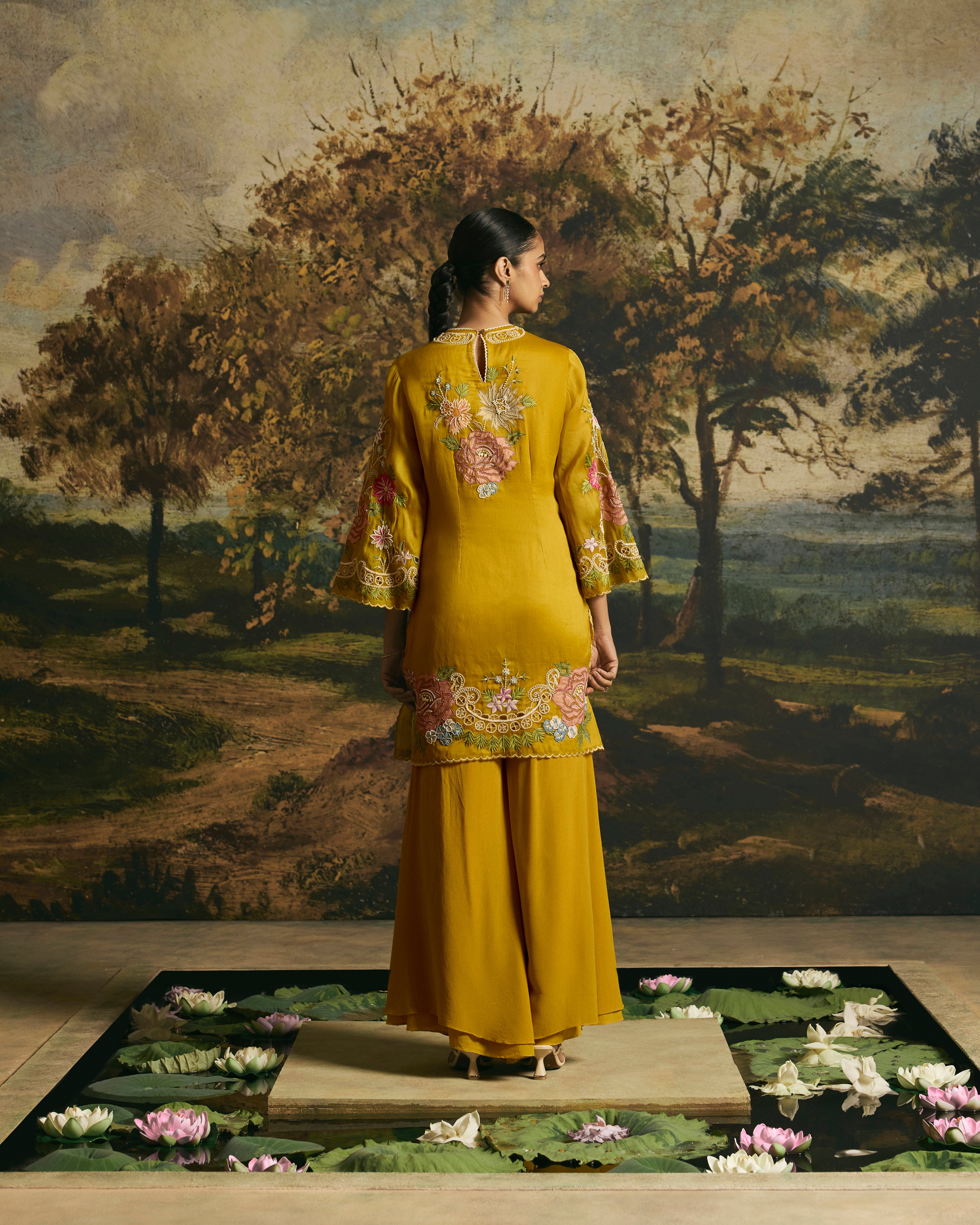 AMBER YELLOW FLORAL MEDLEY SHORT KURTA WITH SHARARA