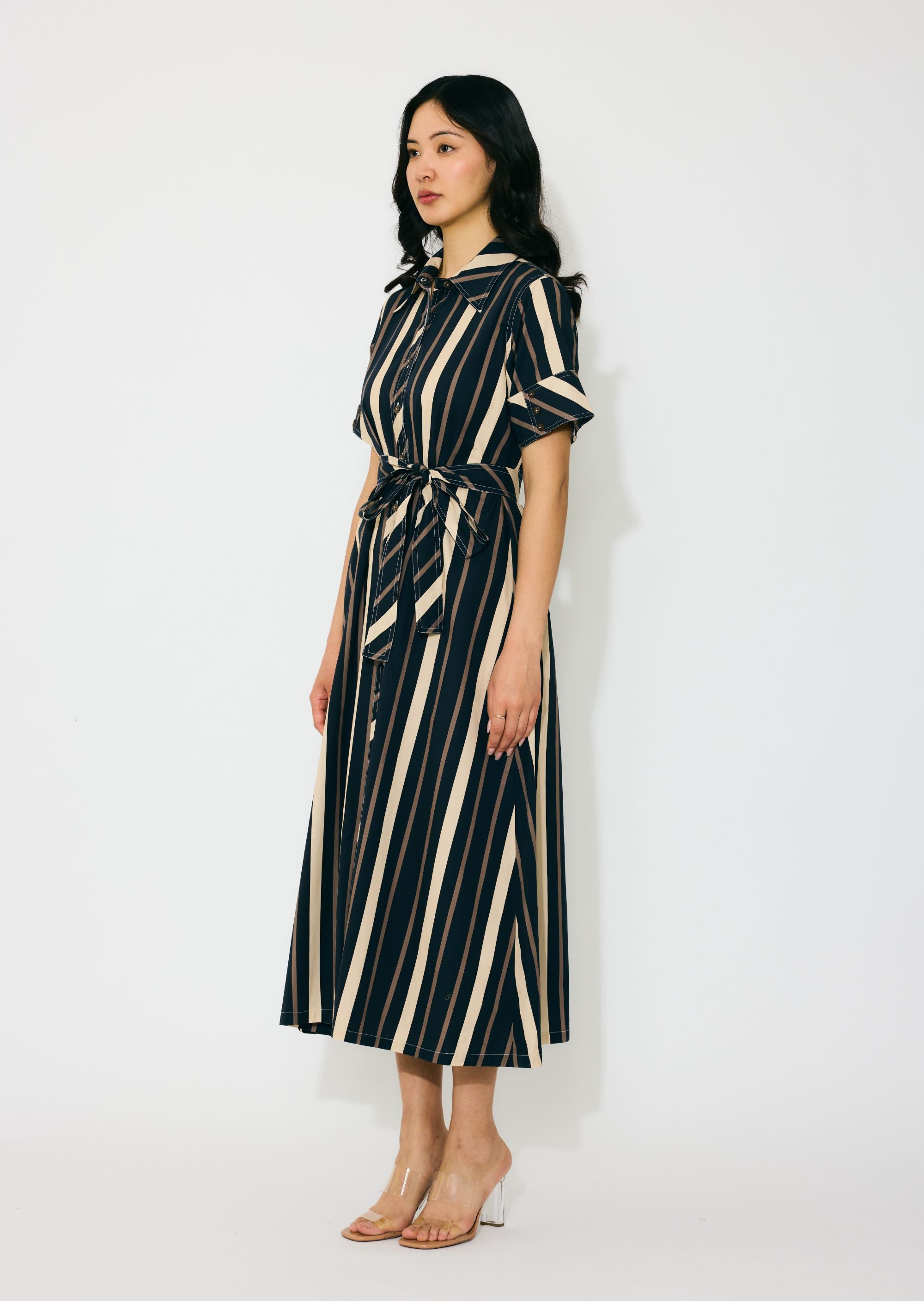 DARK BLUE AND BEIGE STRIPE SHIRT DRESS