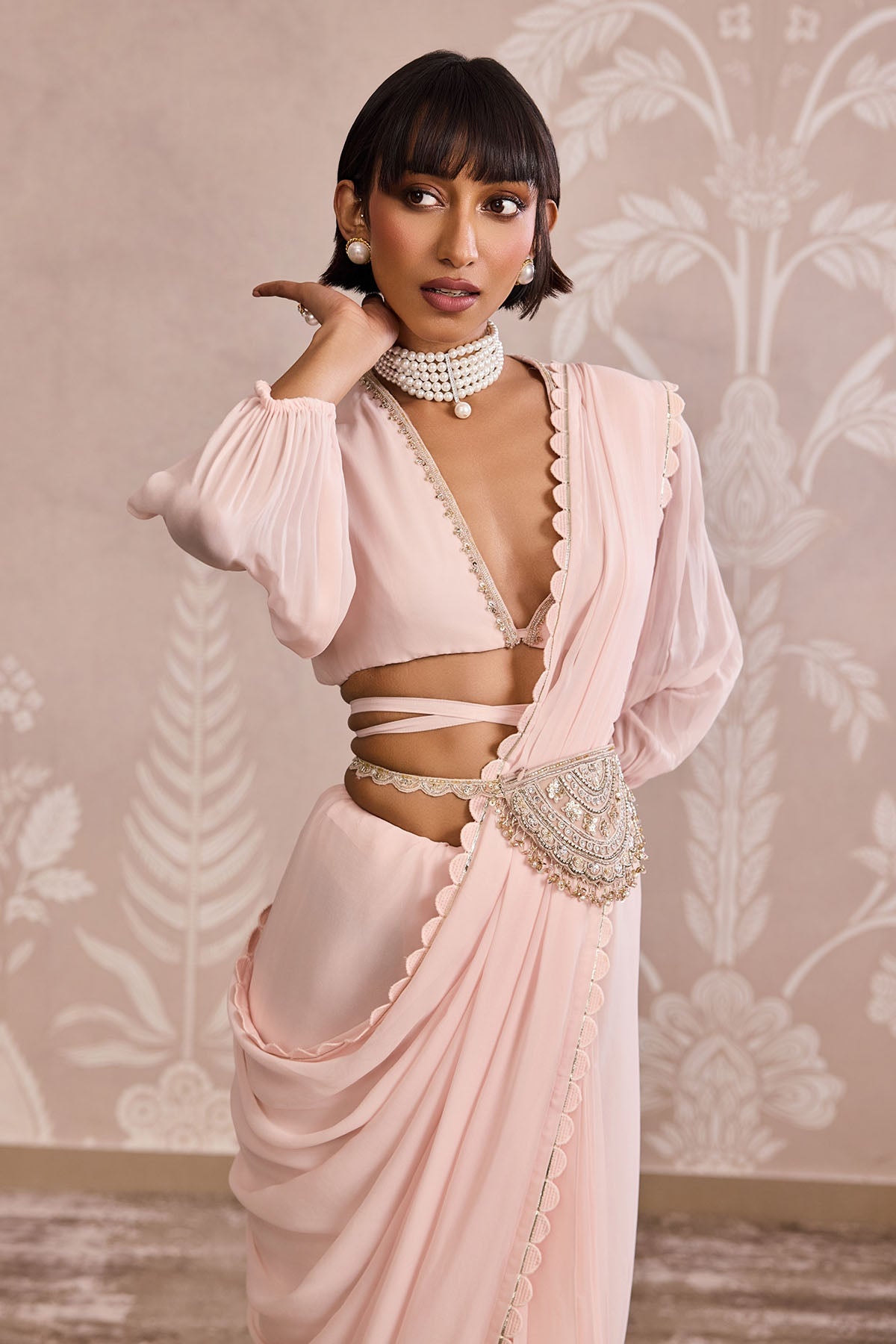 Elegant Magnolia Embroidered Net Bag Belt, Powder Pink, Luxurious Accessory for Saree