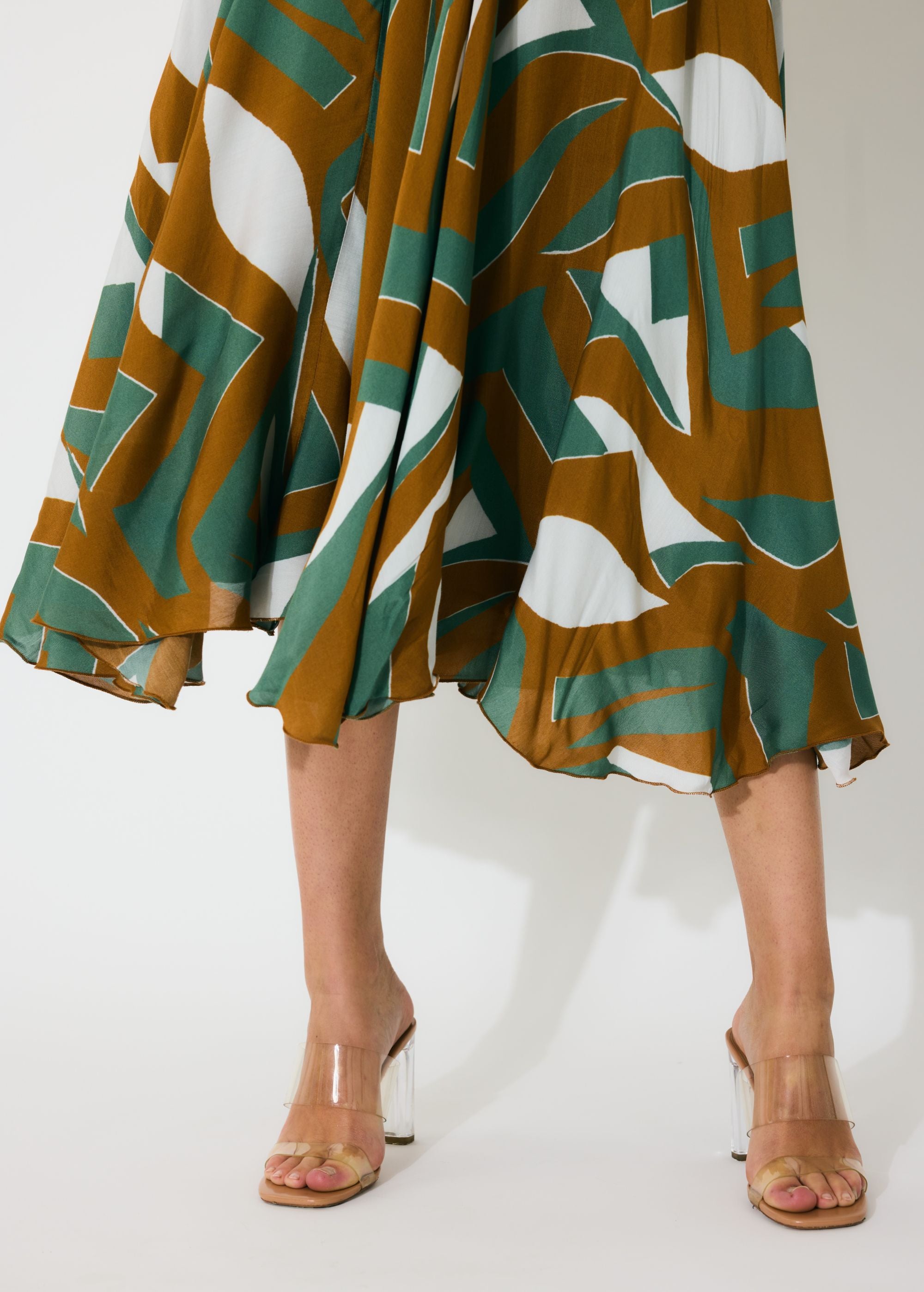 GREEN, BROWN AND CREAM PATTERN MIDI DRESS