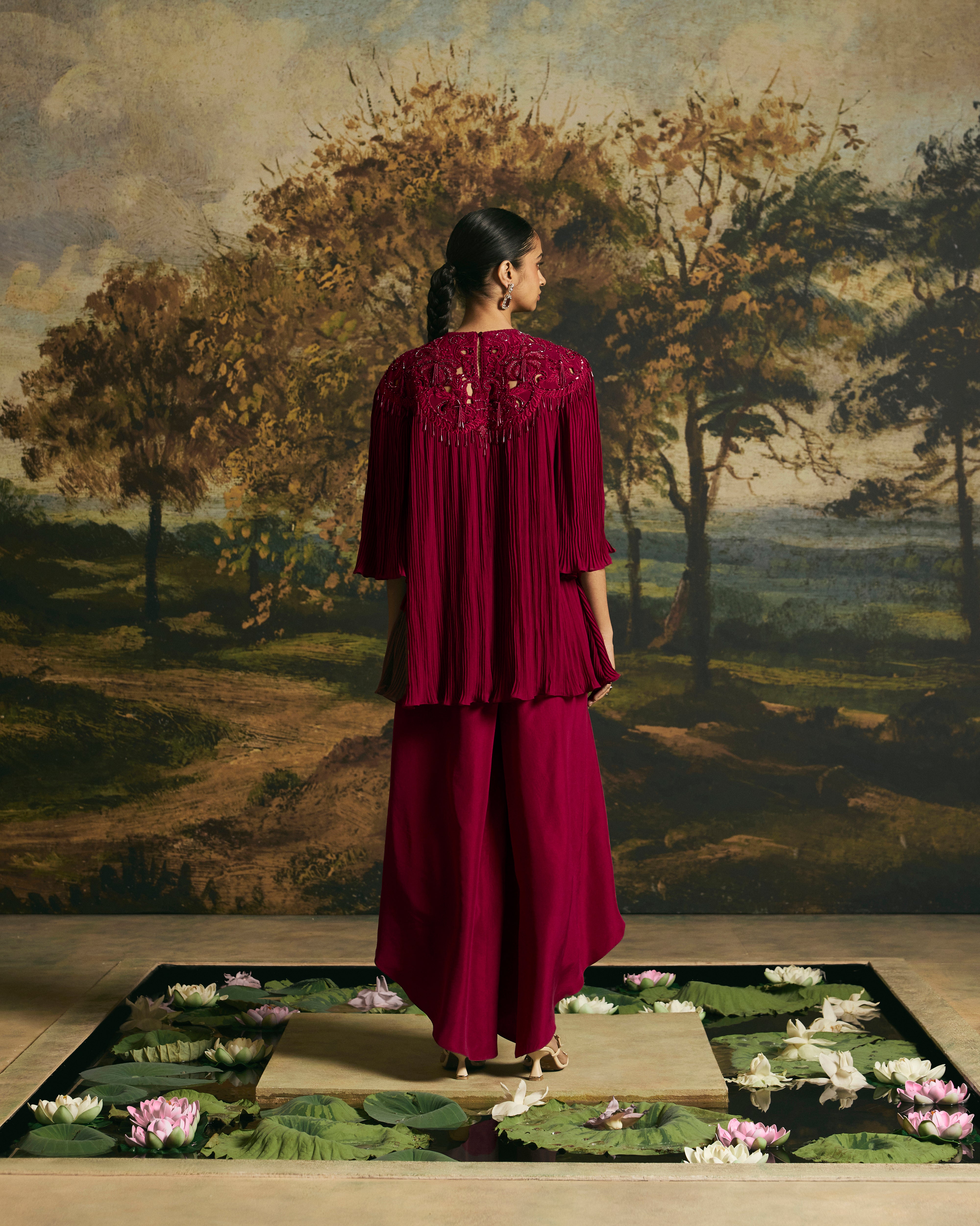 CHERRY RED CUTWORK TEXTURED TUNIC WITH TULIP PANTS