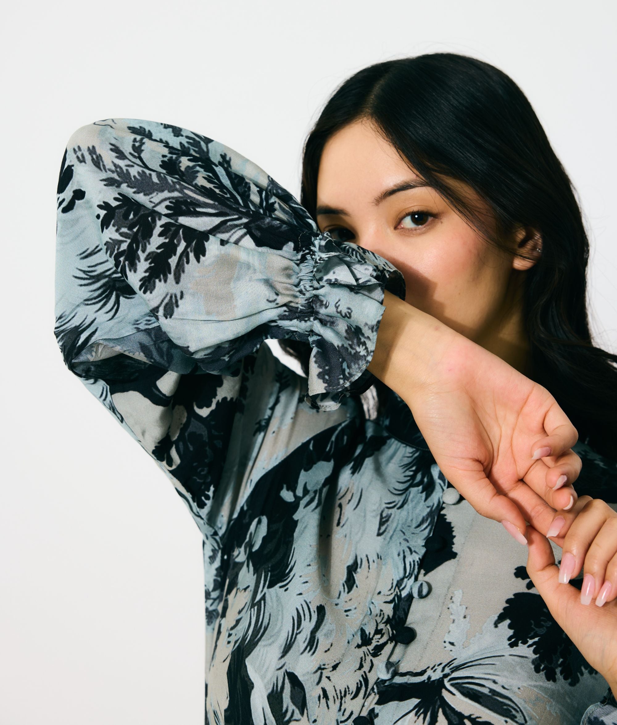 GREY, BLACK AND BEIGE TOILE PRINT LONG SHIRT DRESS