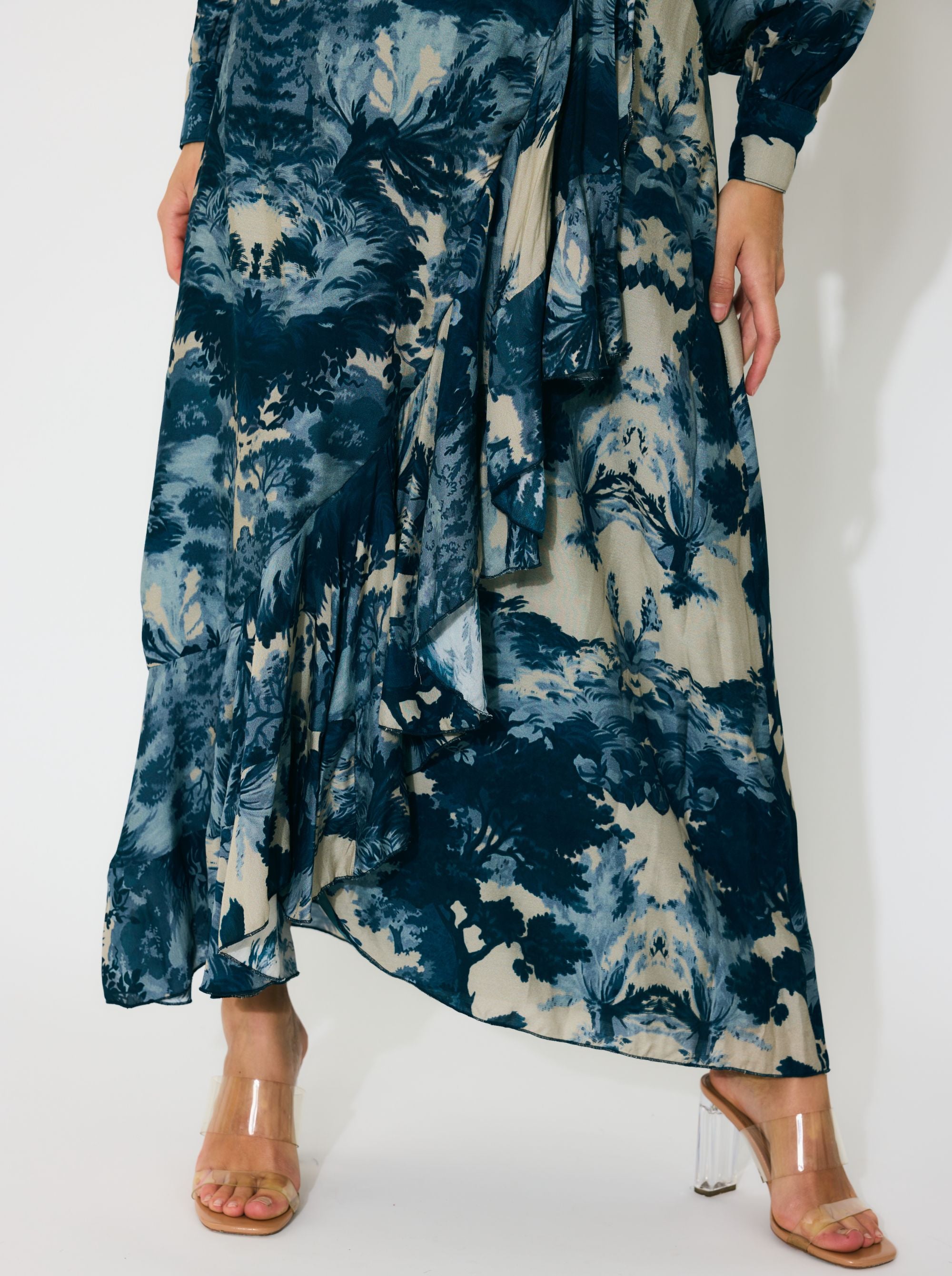 BLUE, INDIGO AND BEIGE TOILE PRINT WRAP SKIRT