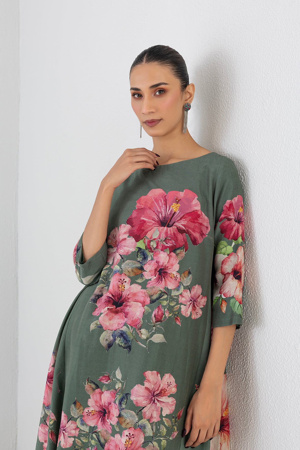 Minted Sage Silk Chanderi Hibiscus Printed Dress