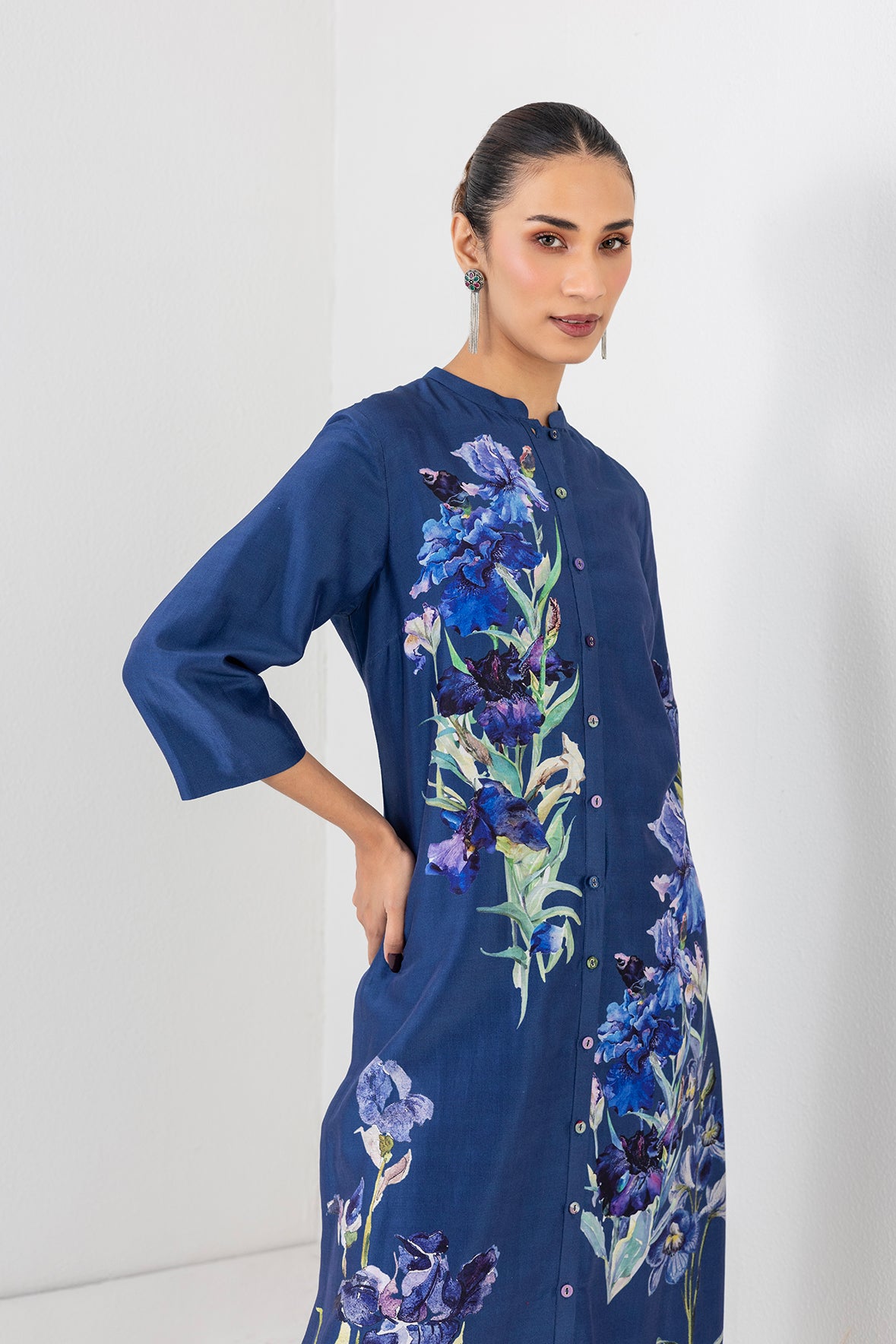 Midnight Indigo Silk Chanderi Floral Printed Tunic
