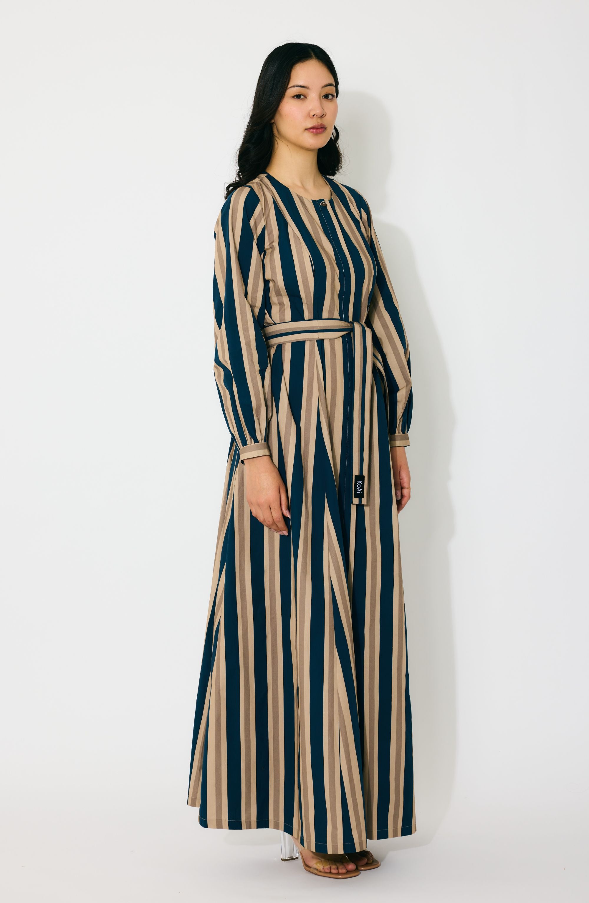 DARK BLUE,BEIGE AND WHITE STRIPE SHIRT DRESS