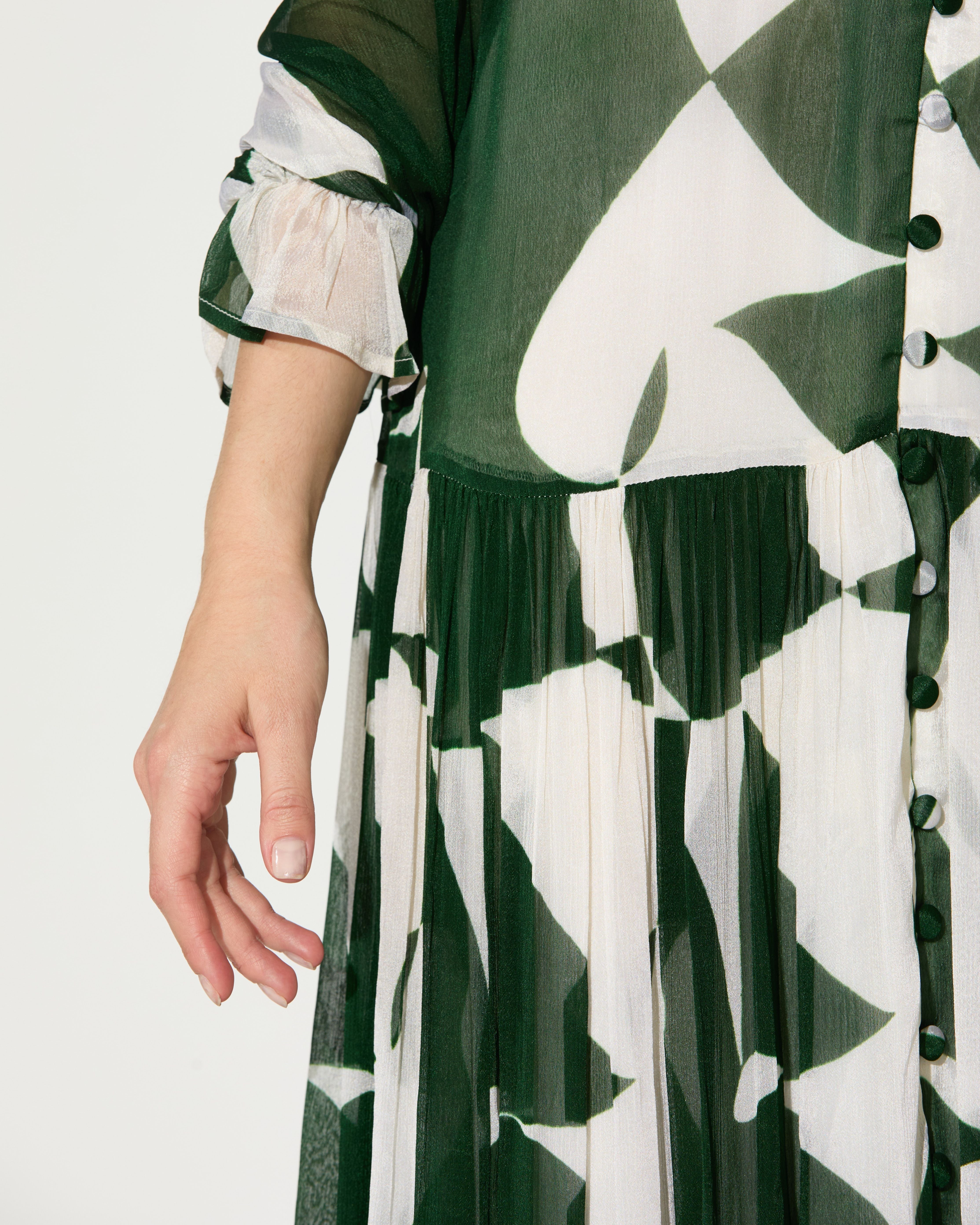 GREEN AND WHITE ABSTRACT LONG DRESS