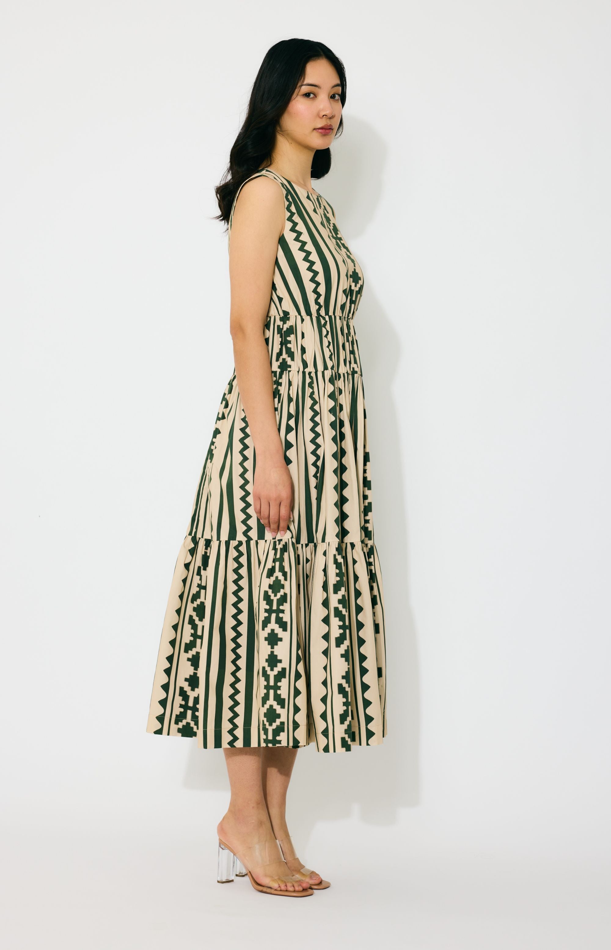 CREAM AND GREEN PATTERN SLEEVELESS MIDI DRESS