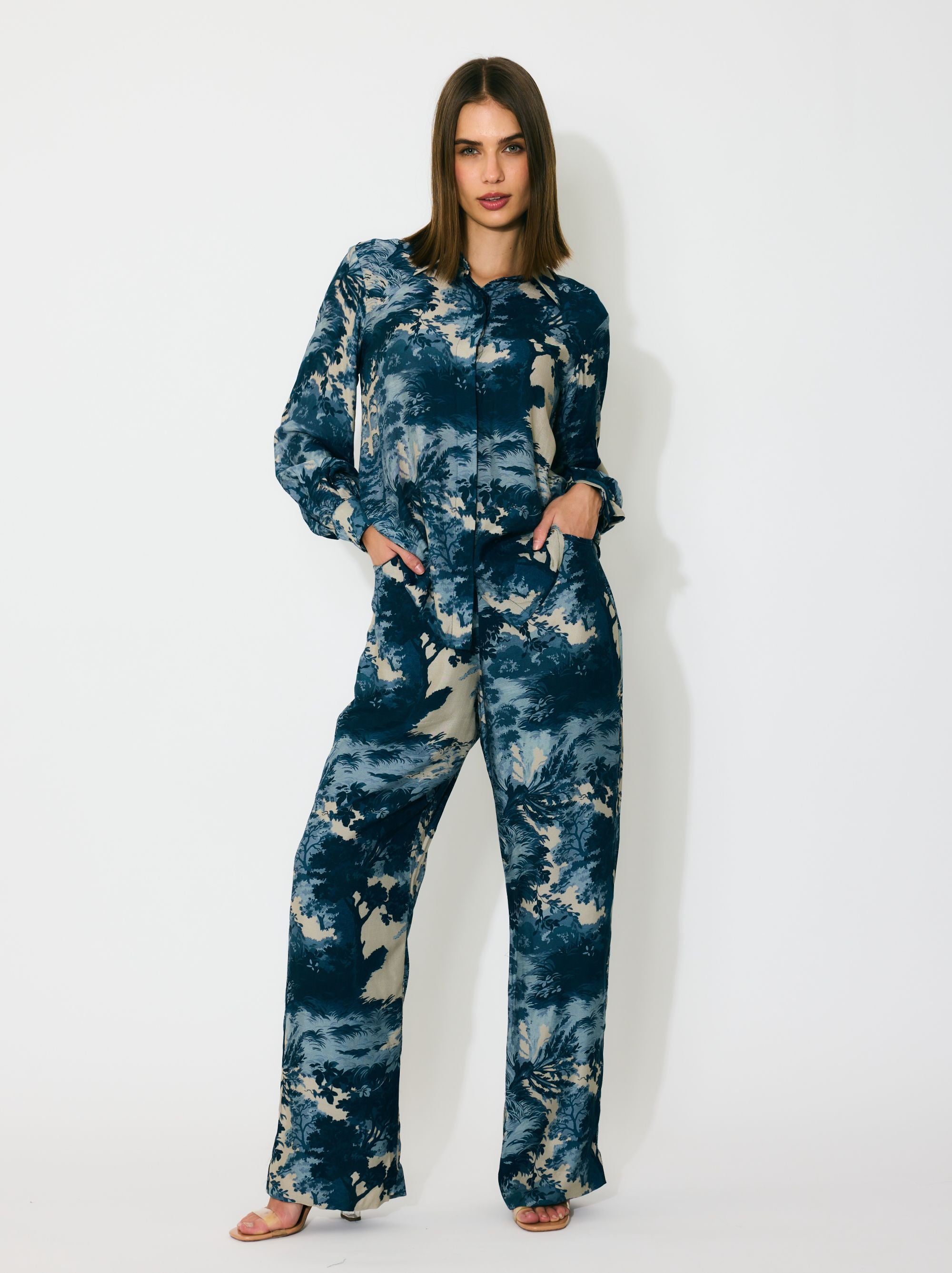 BLUE, INDIGO AND BEIGE TOILE PRINT SHIRT