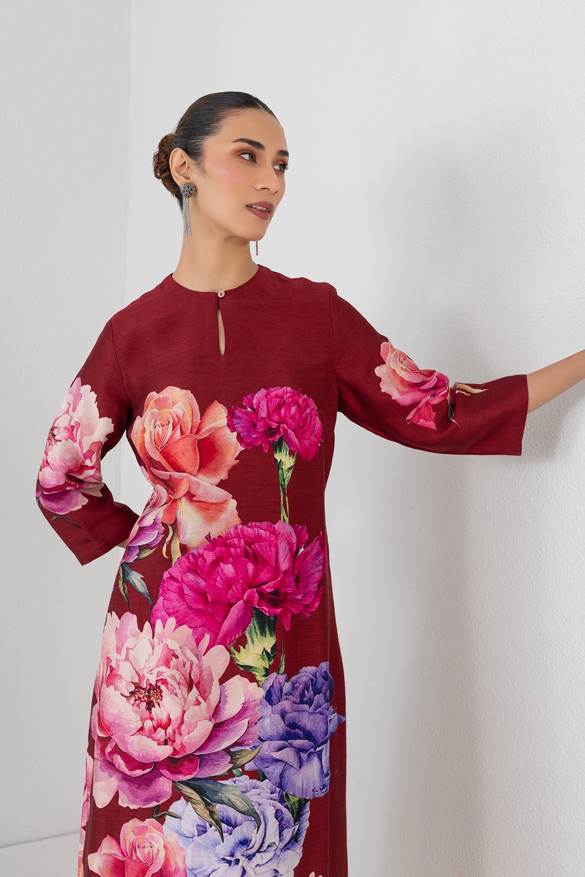 Scarlet Red Dupion Floral Printed Tunic