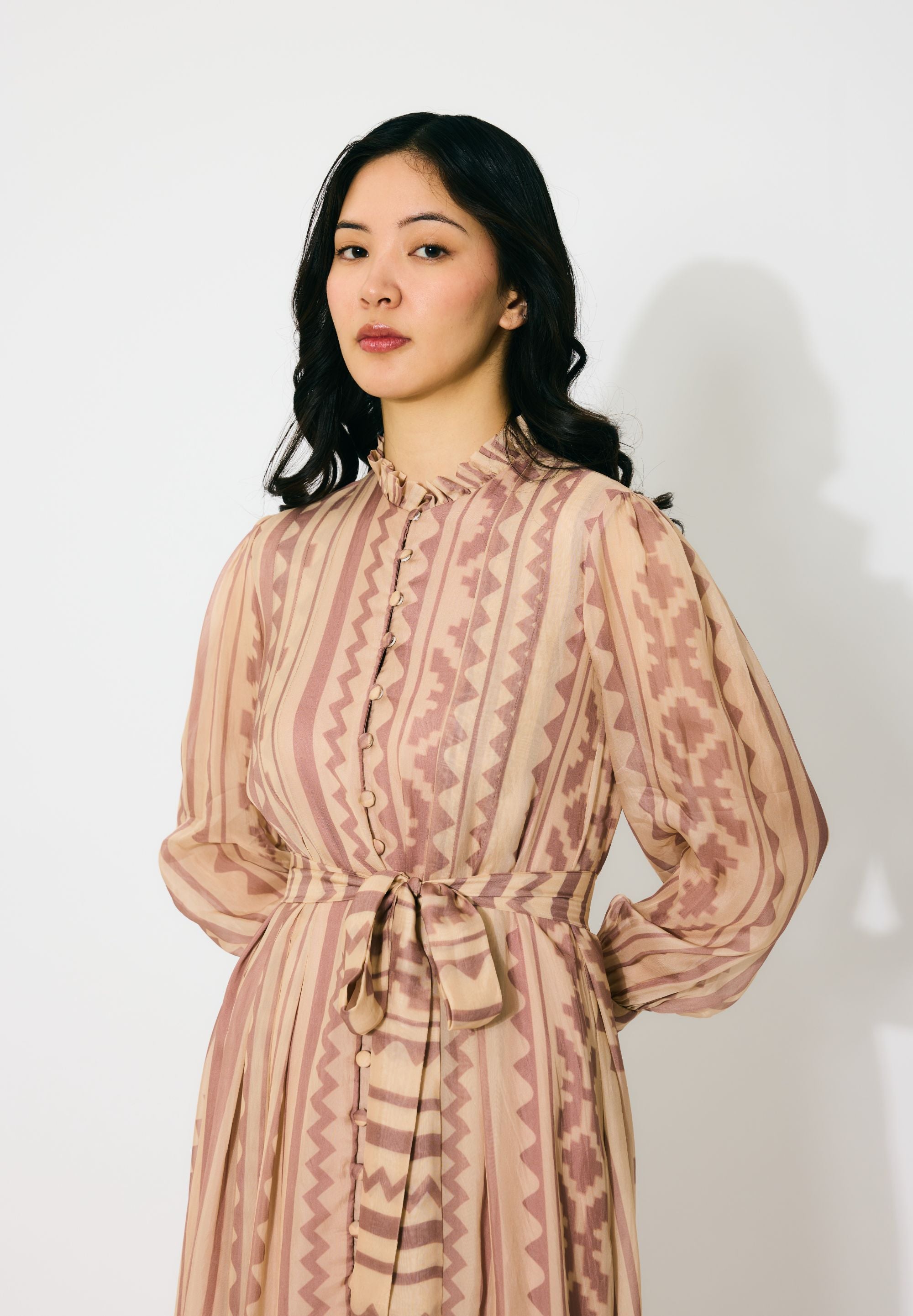 PEACH AND CREAM PATTERN LONG SHIRT DRESS