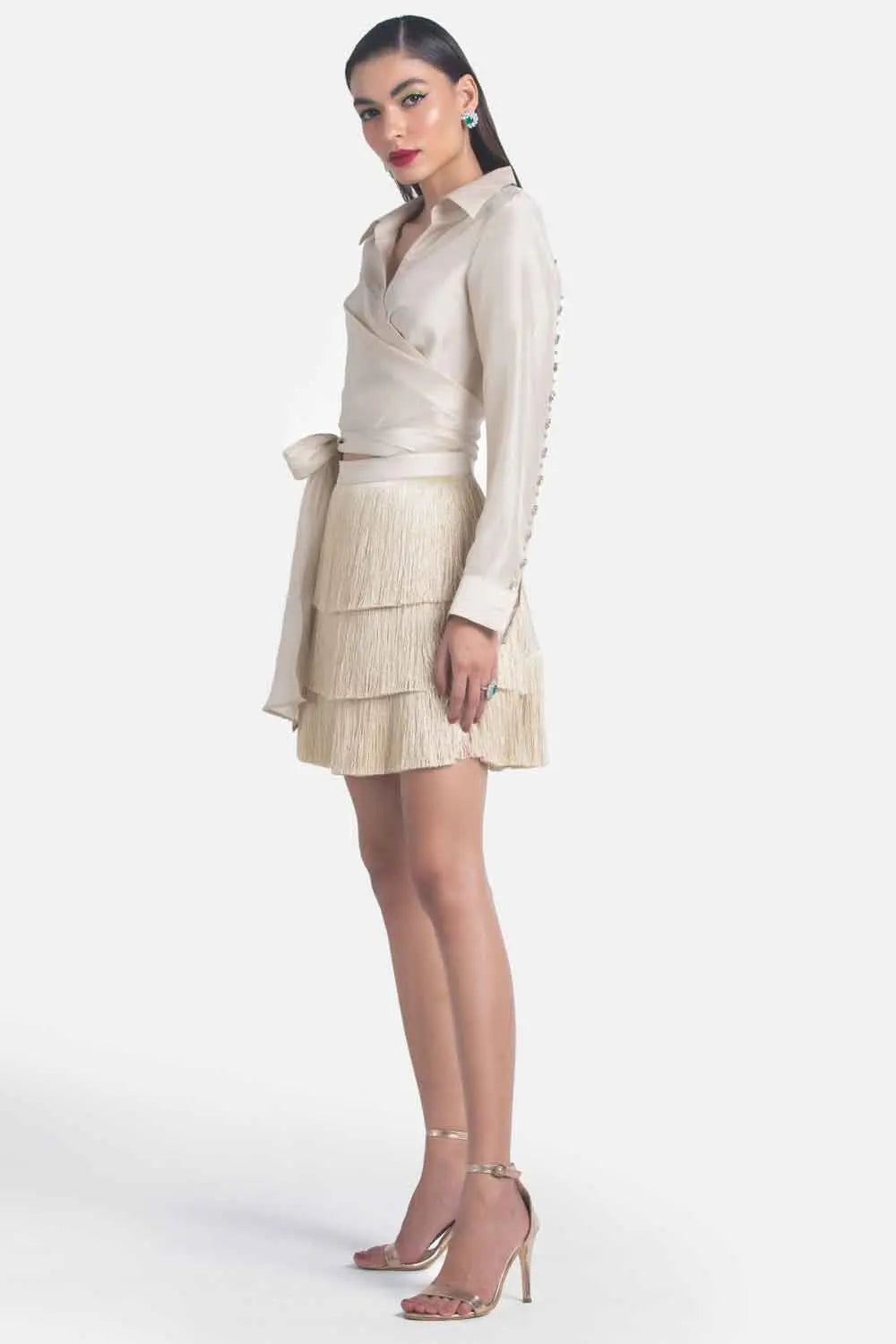 Beige Satin Fringe Layered Skirt