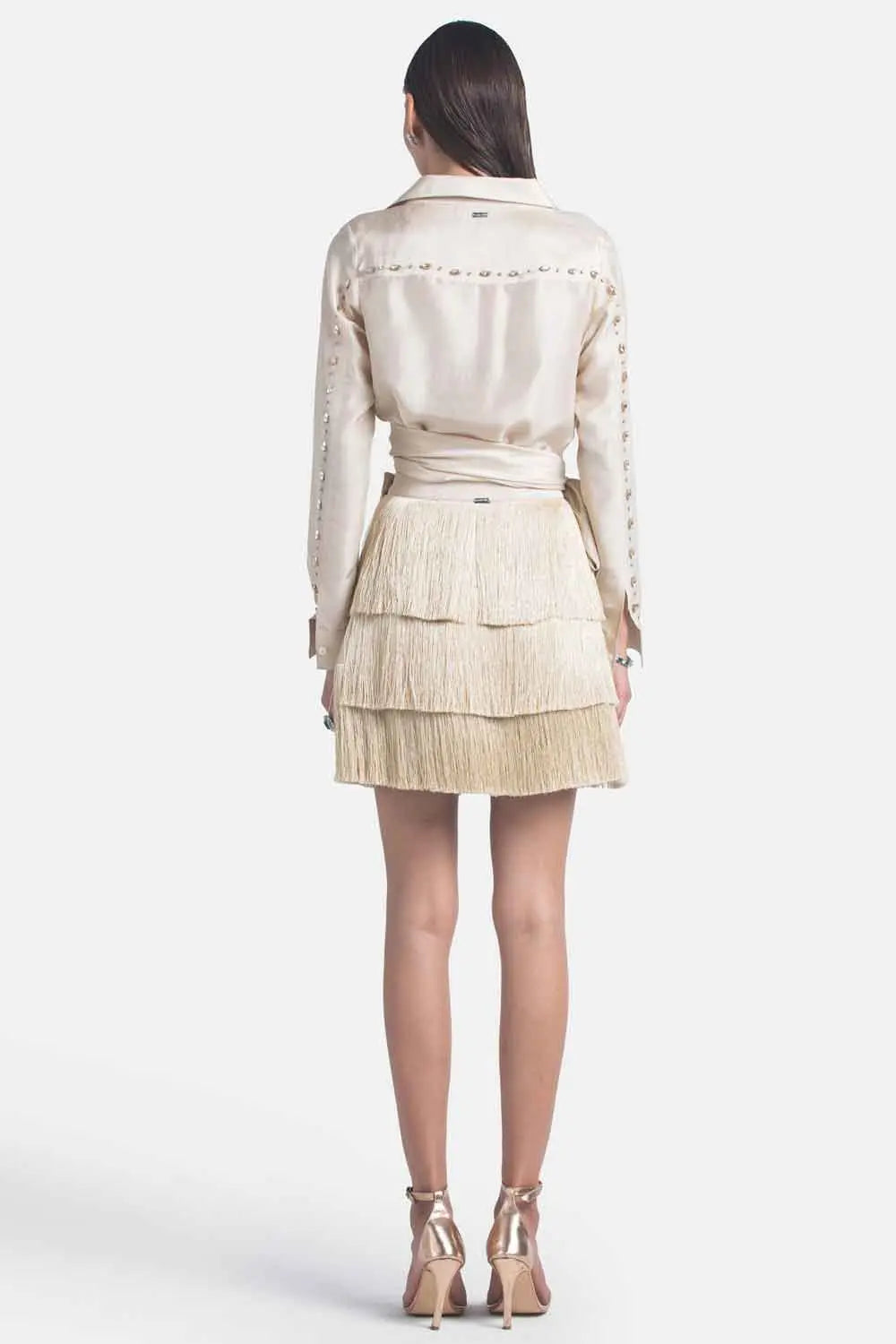 Beige Satin Fringe Layered Skirt