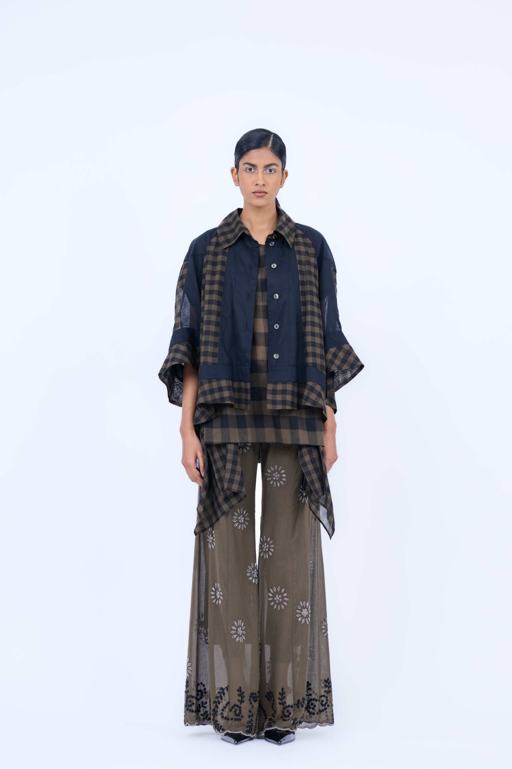 Khaki Blk Slv Handloom Cotton Palazzo