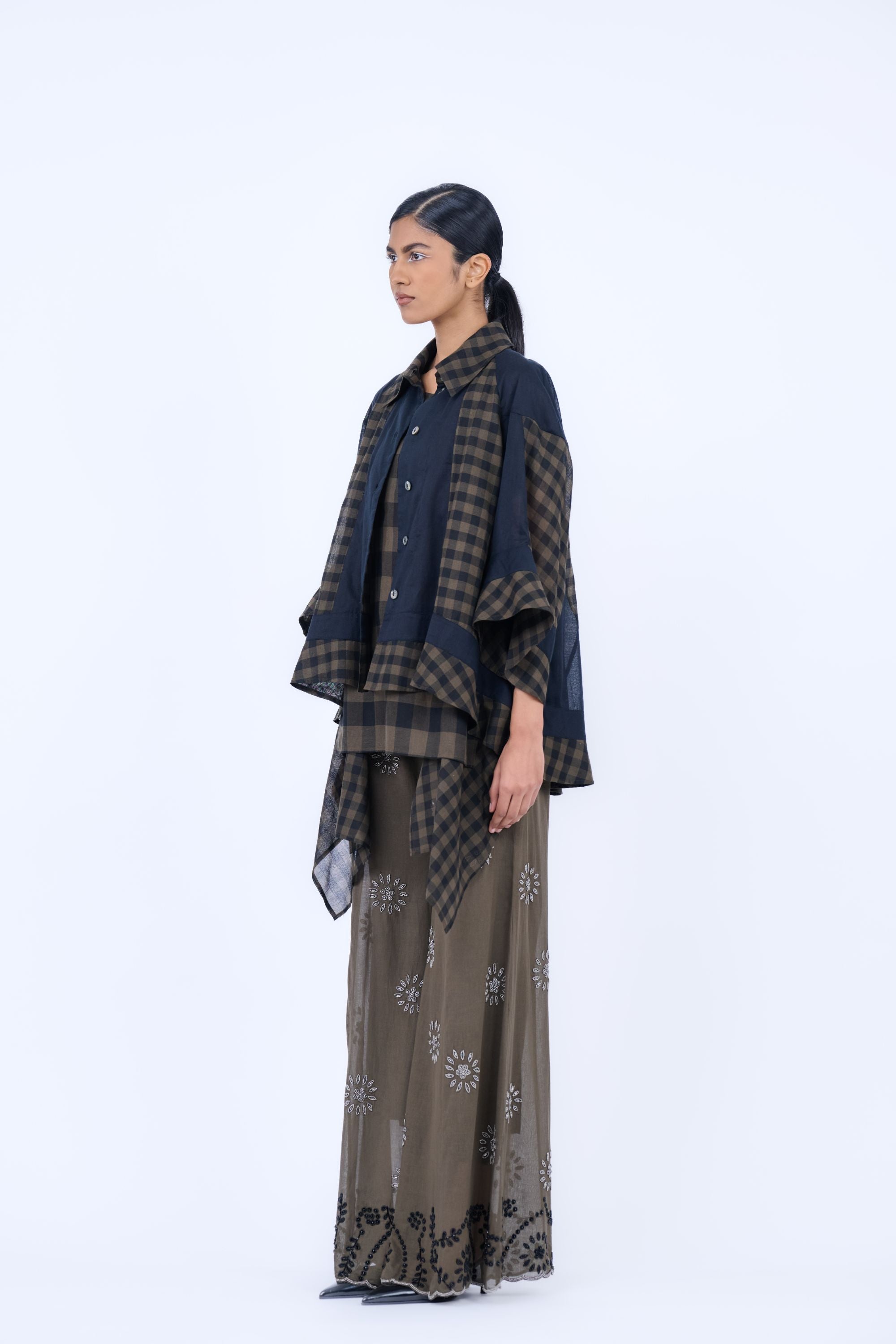 Khaki Blk Slv Handloom Cotton Palazzo