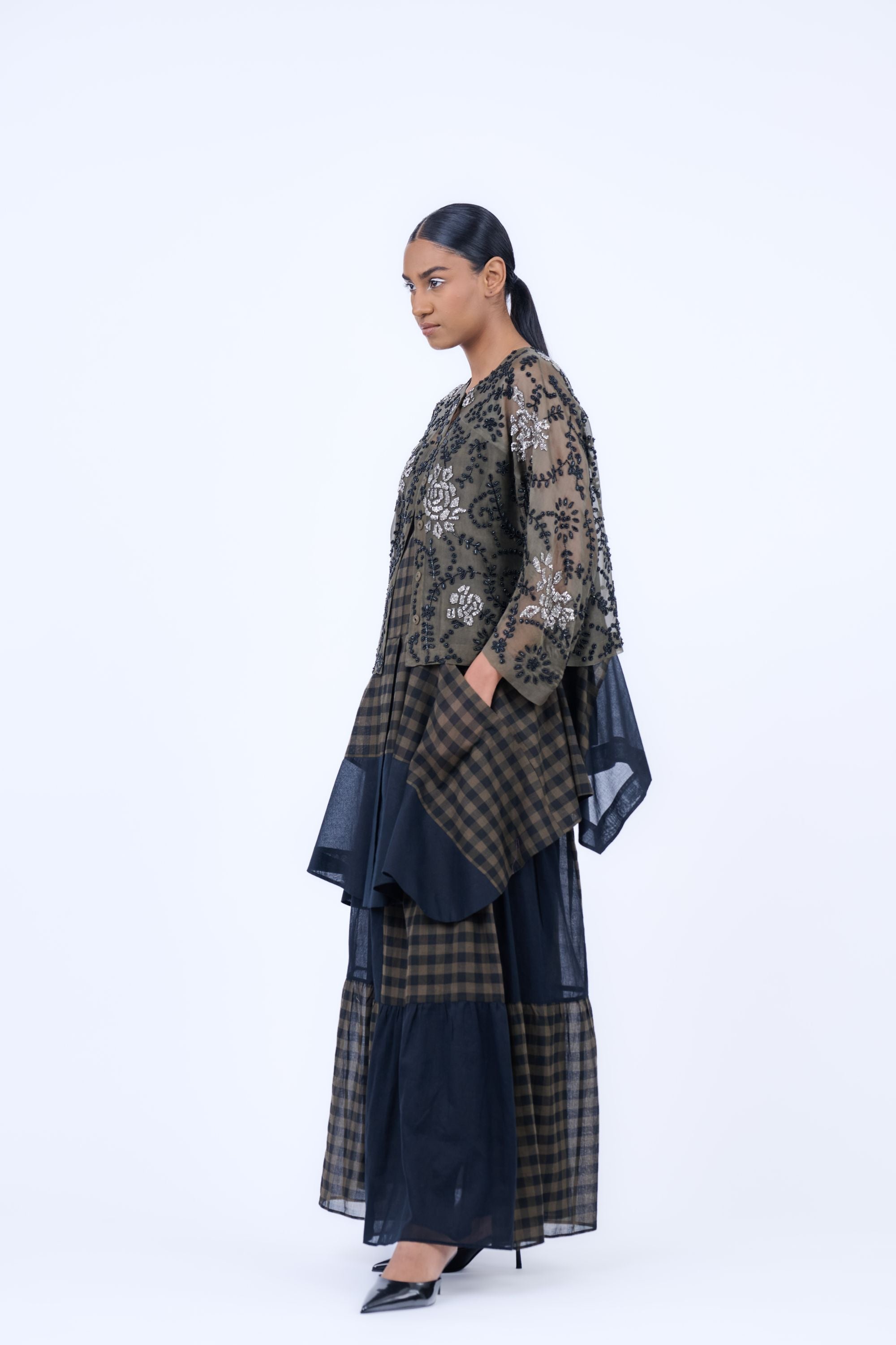 Khaki Blk Slv Silk Organza Jacket