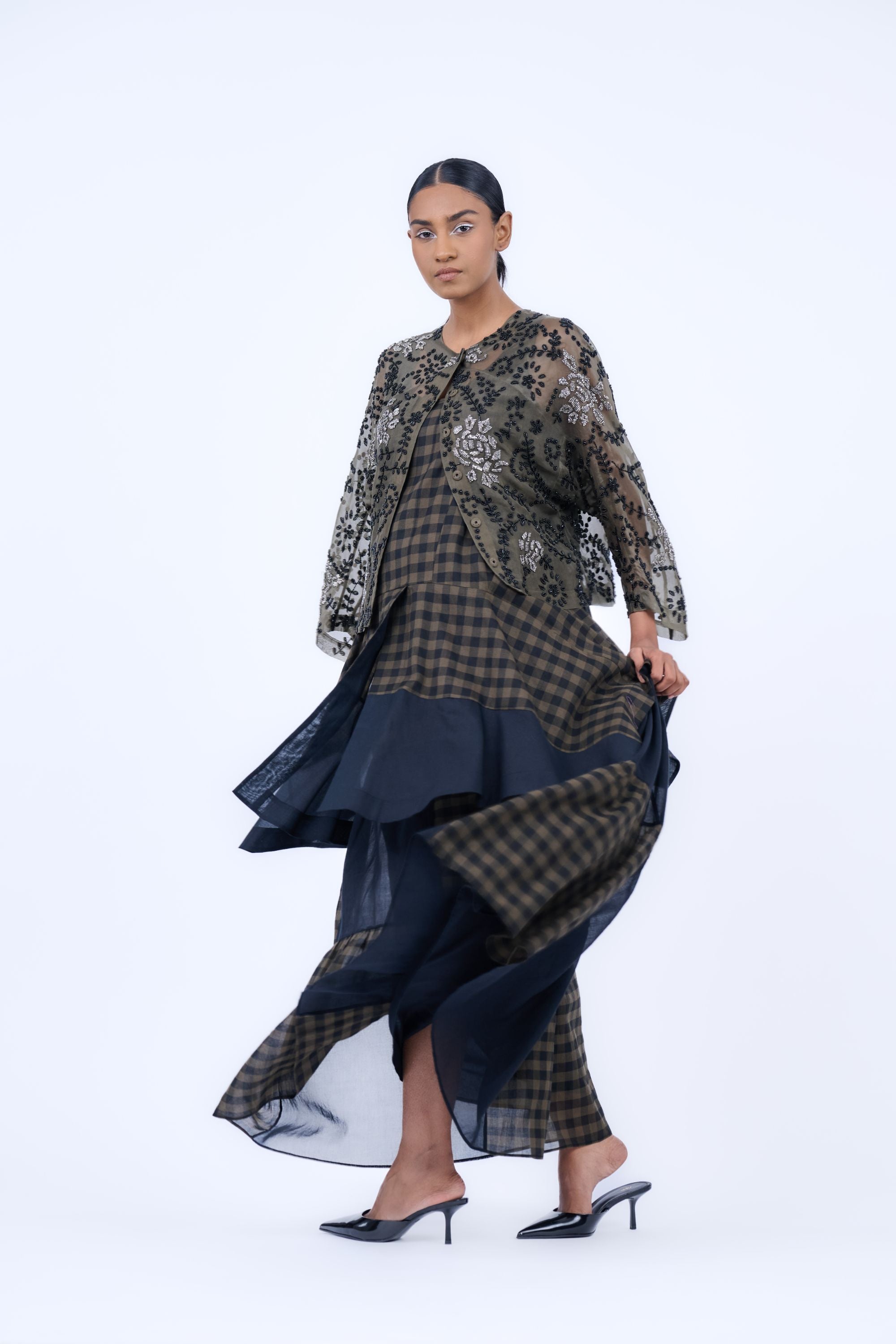 Khaki Blk Slv Silk Organza Jacket