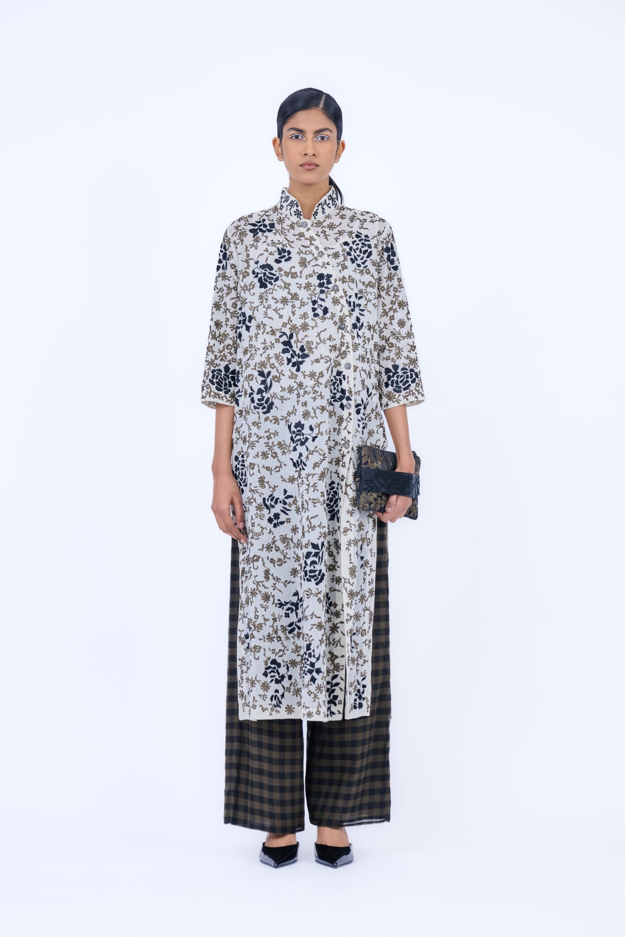 Ecru Kh Blk Handloom Cotton Kurta