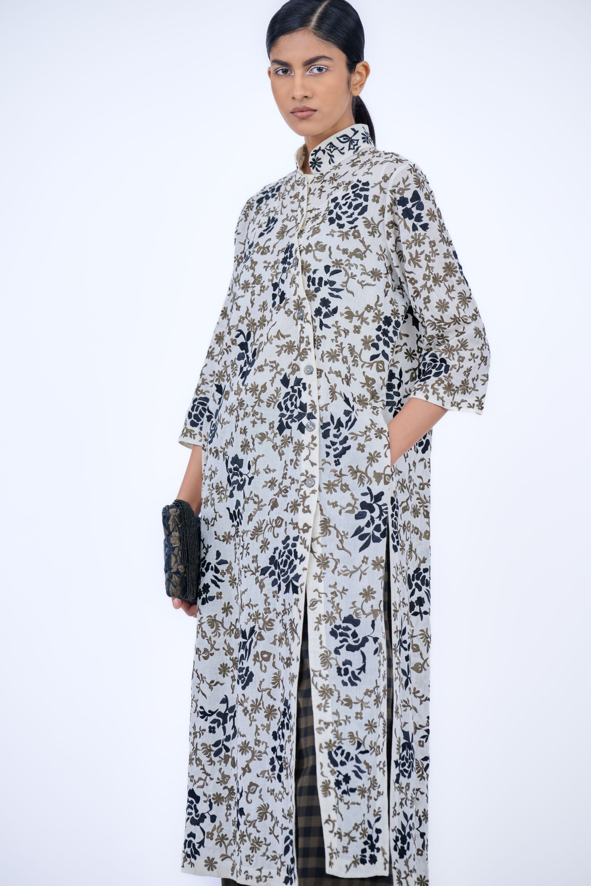 Ecru Kh Blk Handloom Cotton Kurta