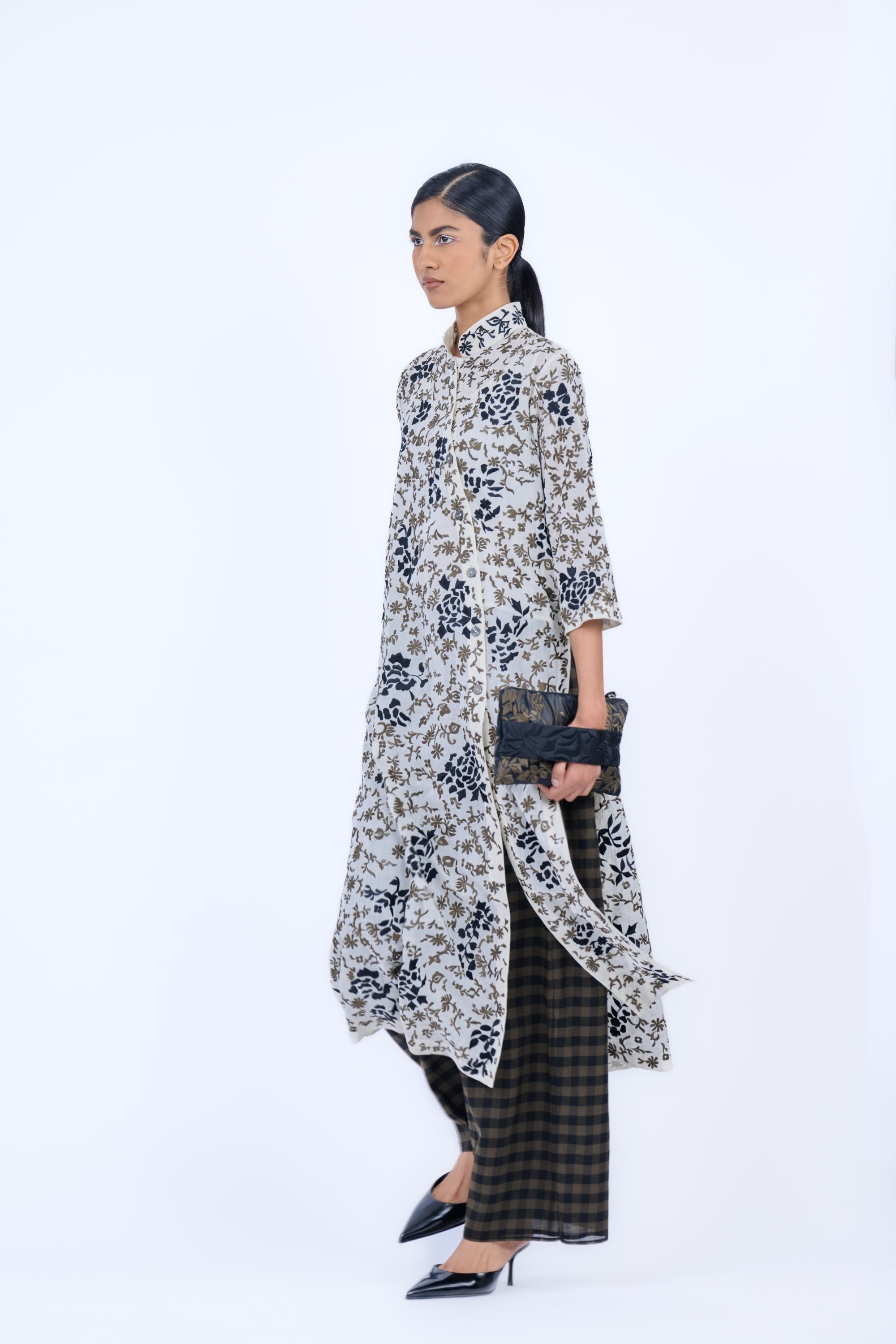 Ecru Kh Blk Handloom Cotton Kurta