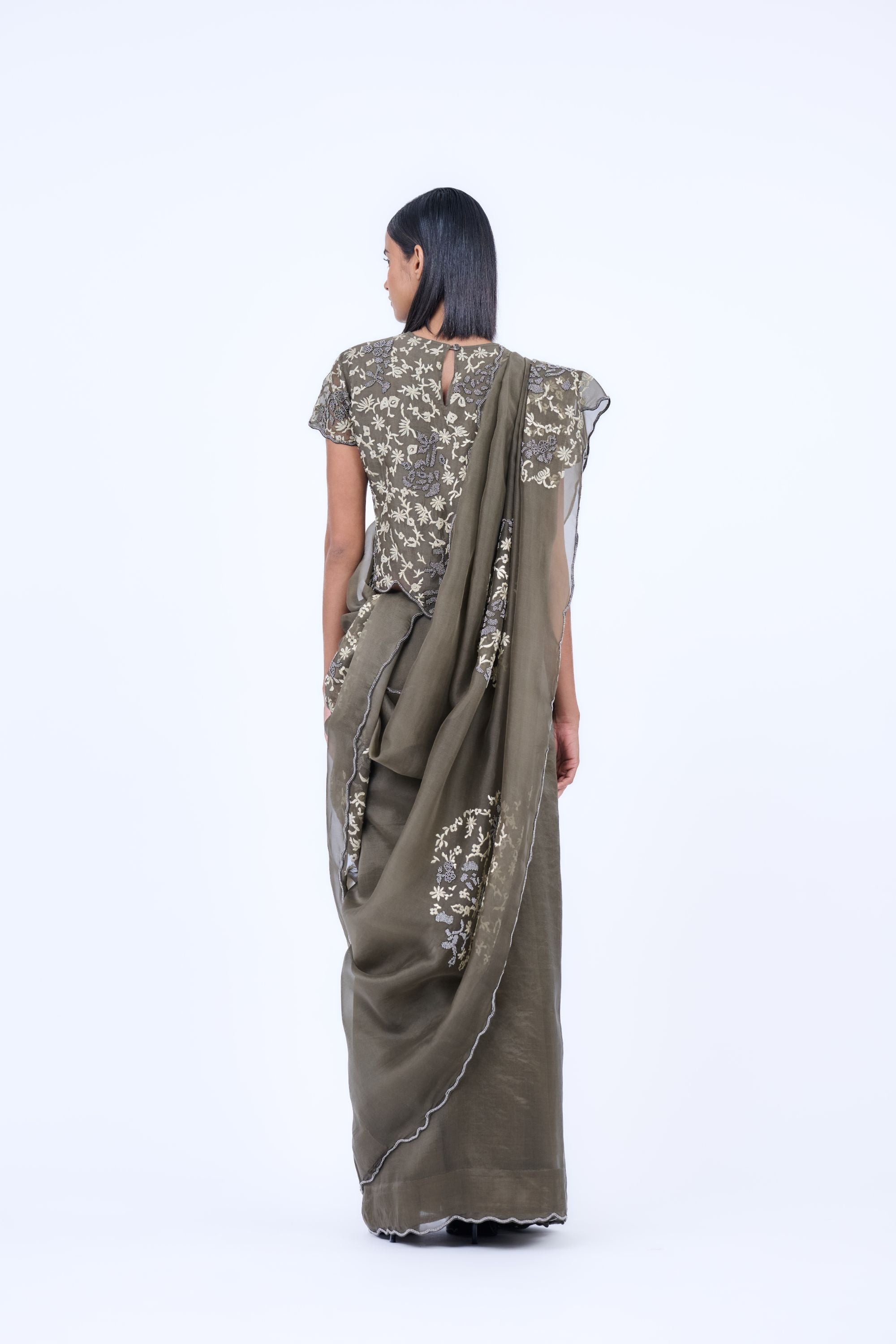 Khaki Nat Slv Silk Organza Blouse