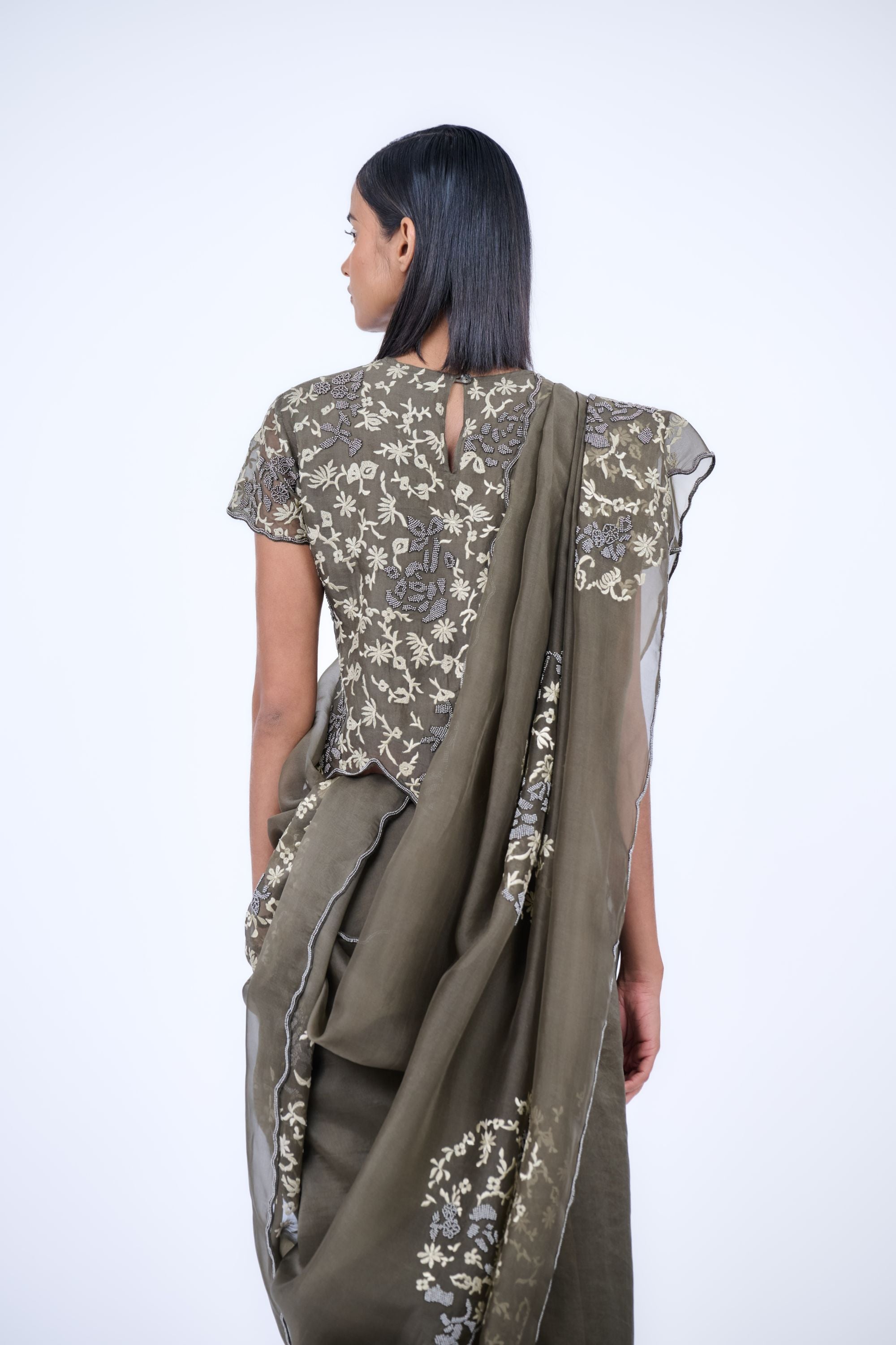 Khaki Nat Slv Silk Organza Blouse
