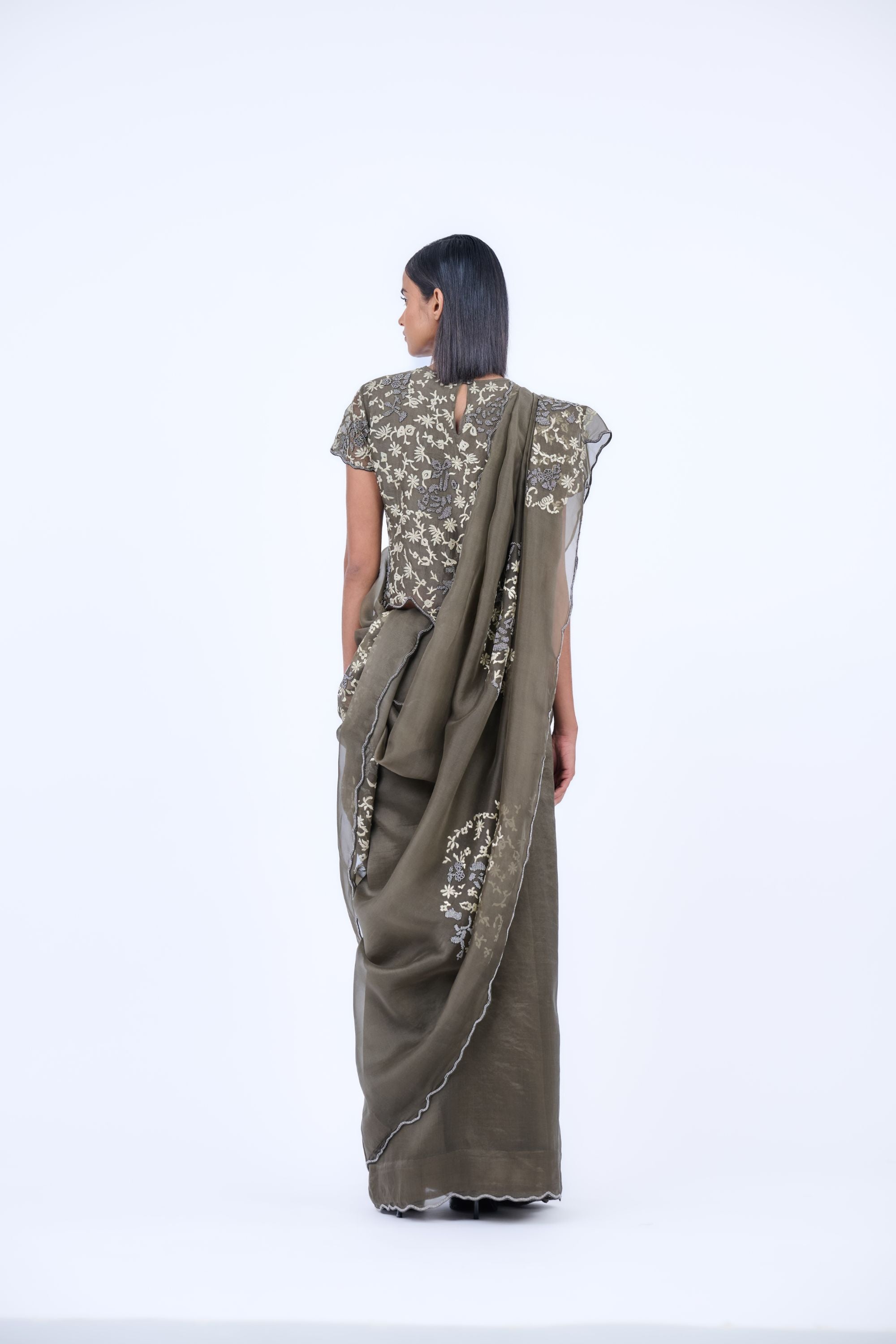 Khaki Nat Slv Silk Organza Blouse