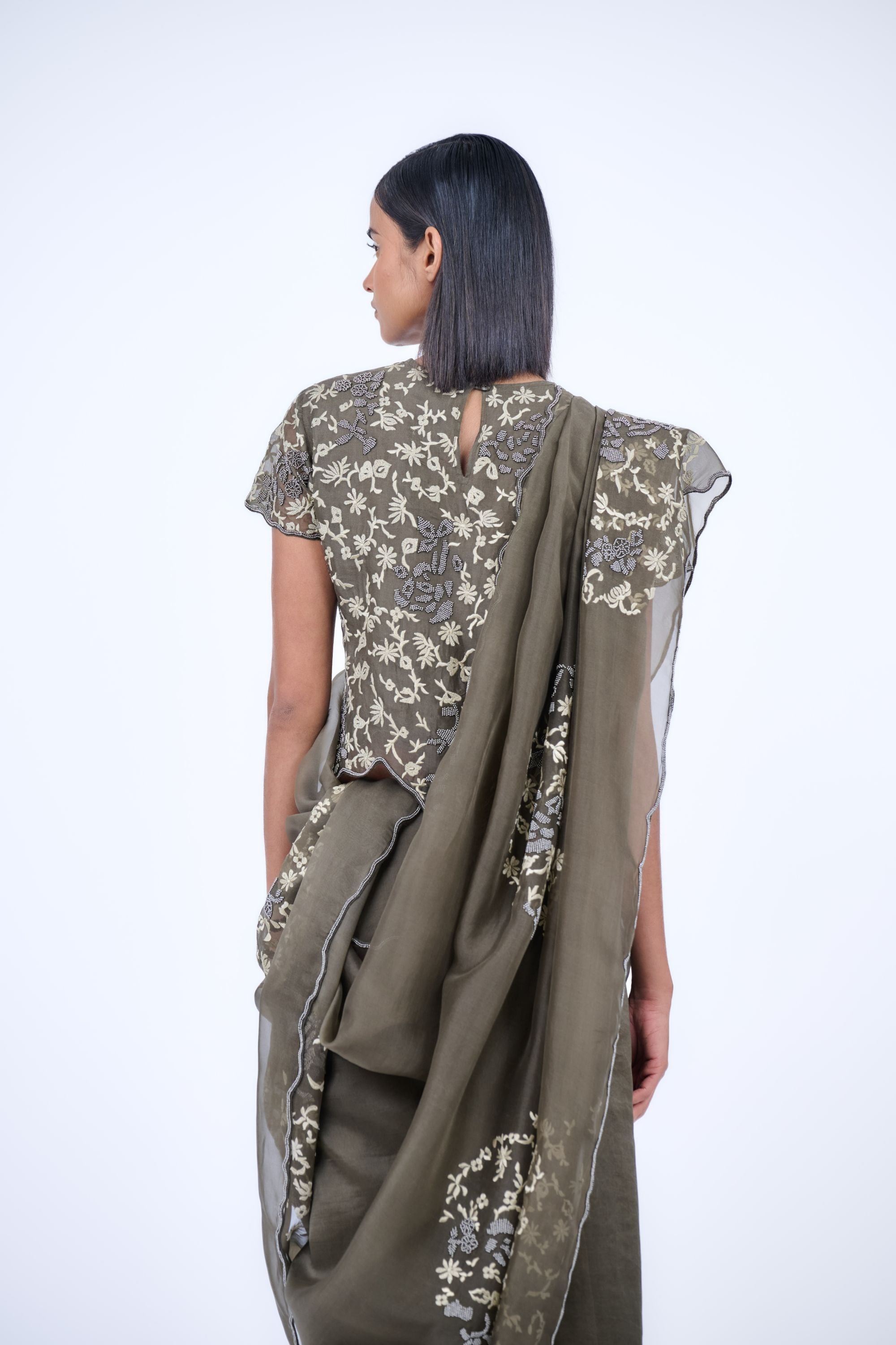 Khaki Nat Slv Silk Organza Blouse