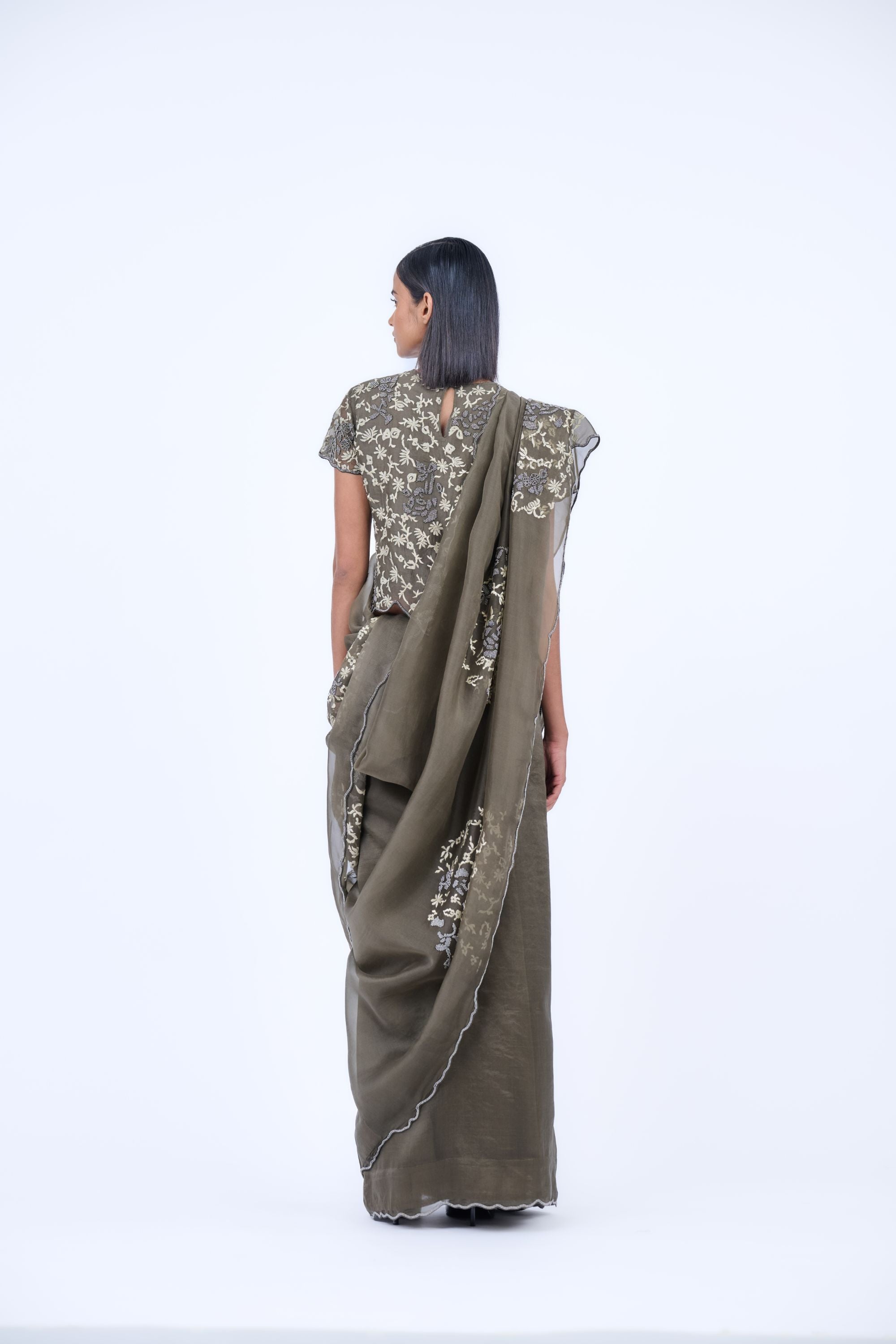 Khaki Nat Slv Silk Organza Blouse