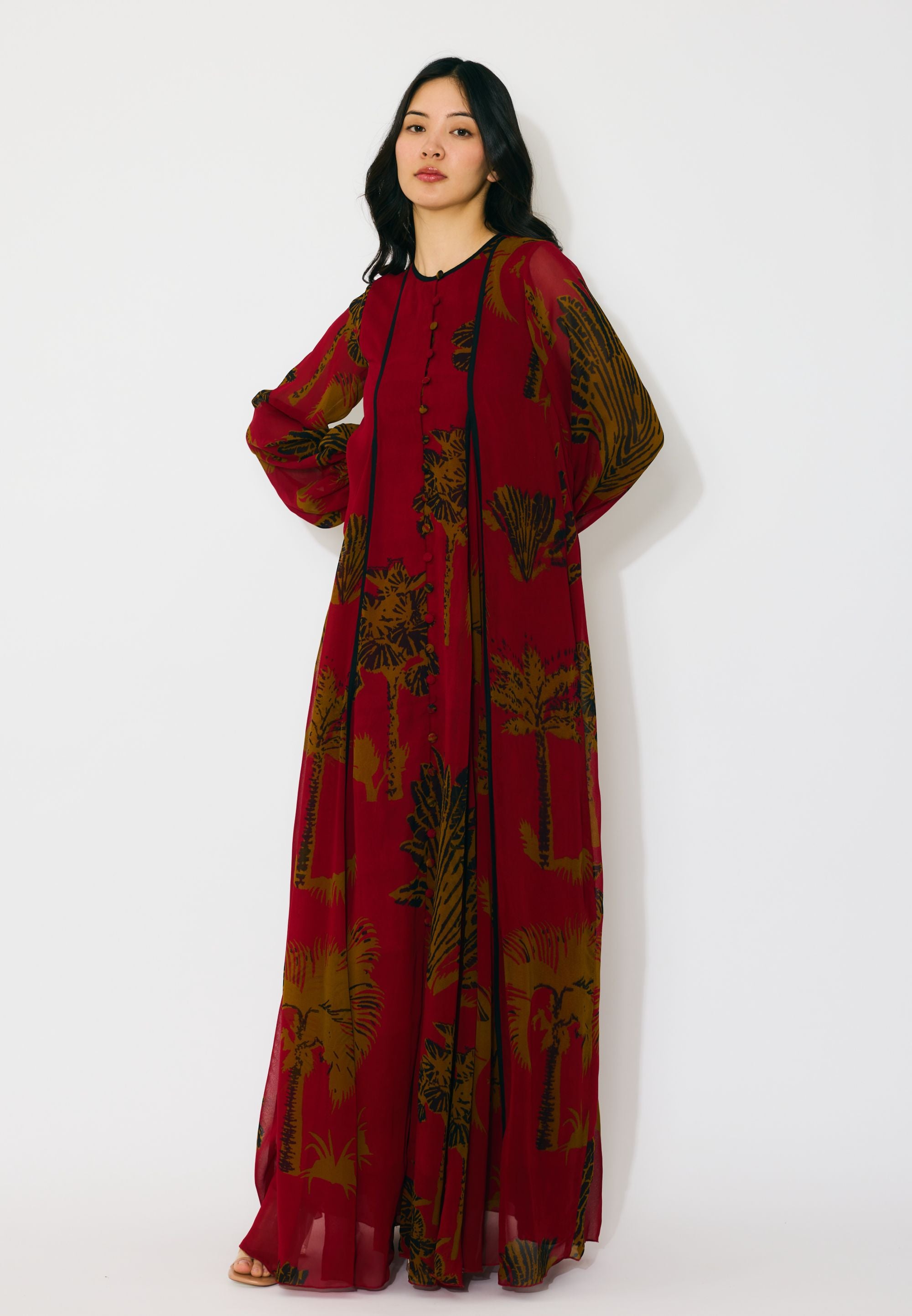 RED, MUSTARD AND BLACK FLORAL LONG SHIRT DRESS