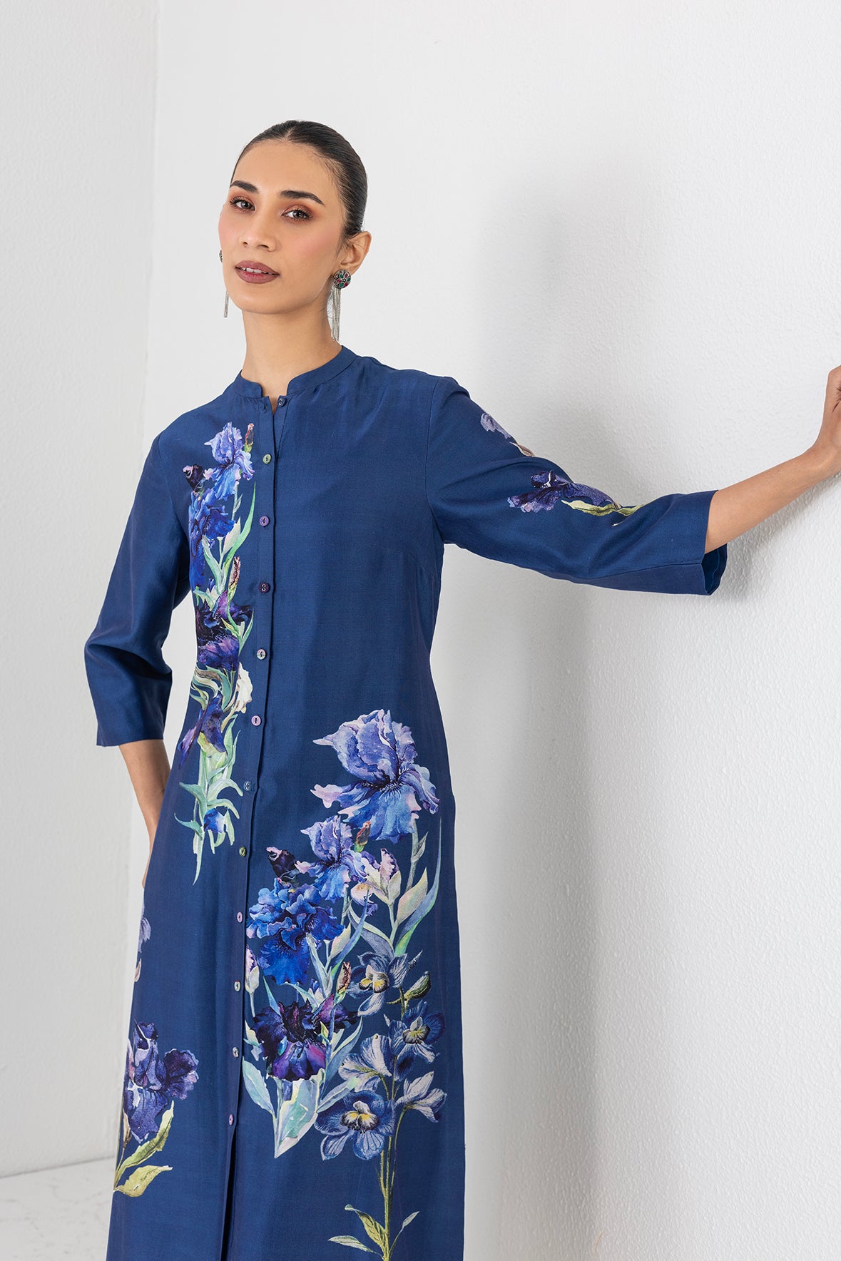 Midnight Indigo Silk Chanderi Floral Printed Tunic