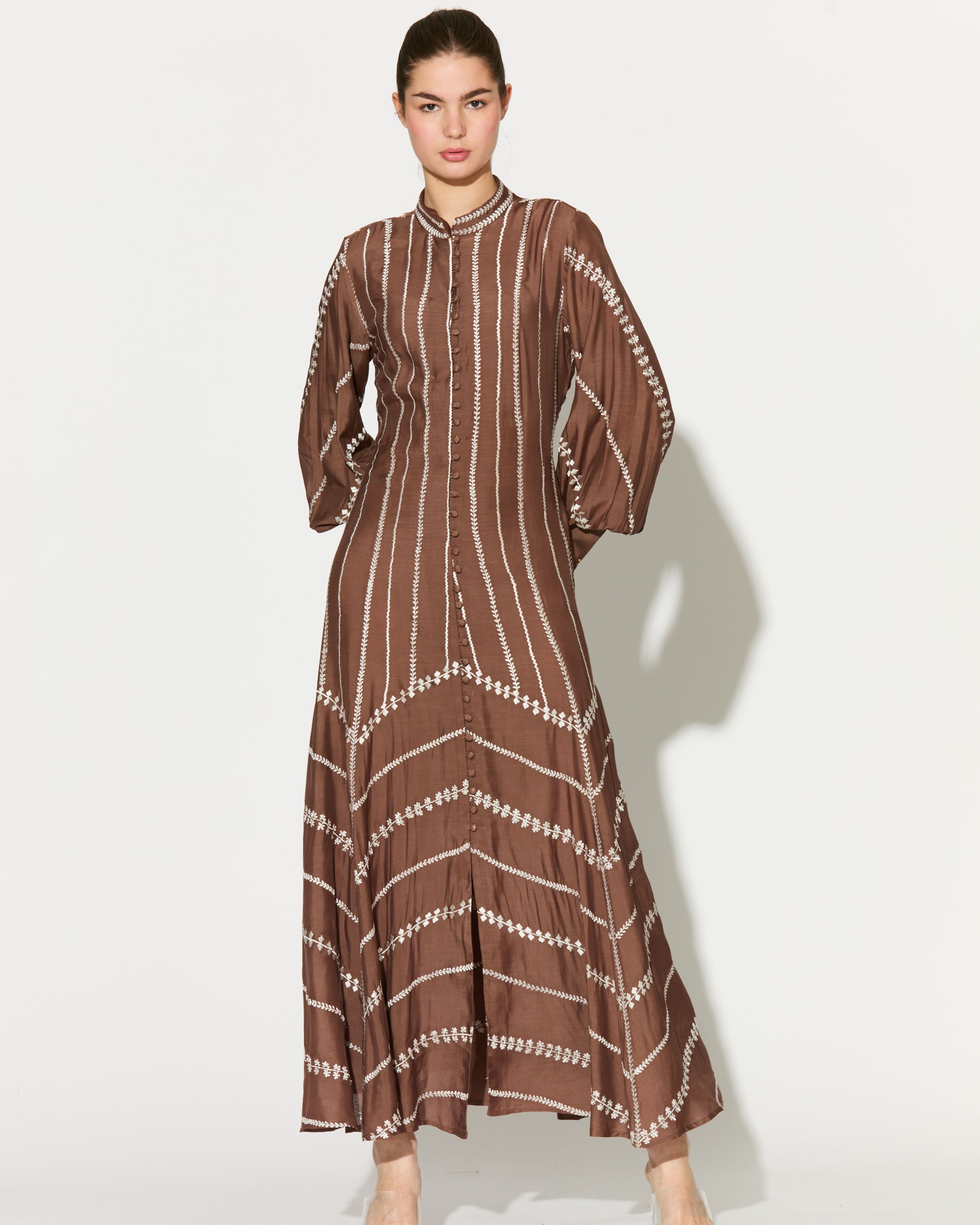 BROWN EMBROIDERED SHIRT DRESS