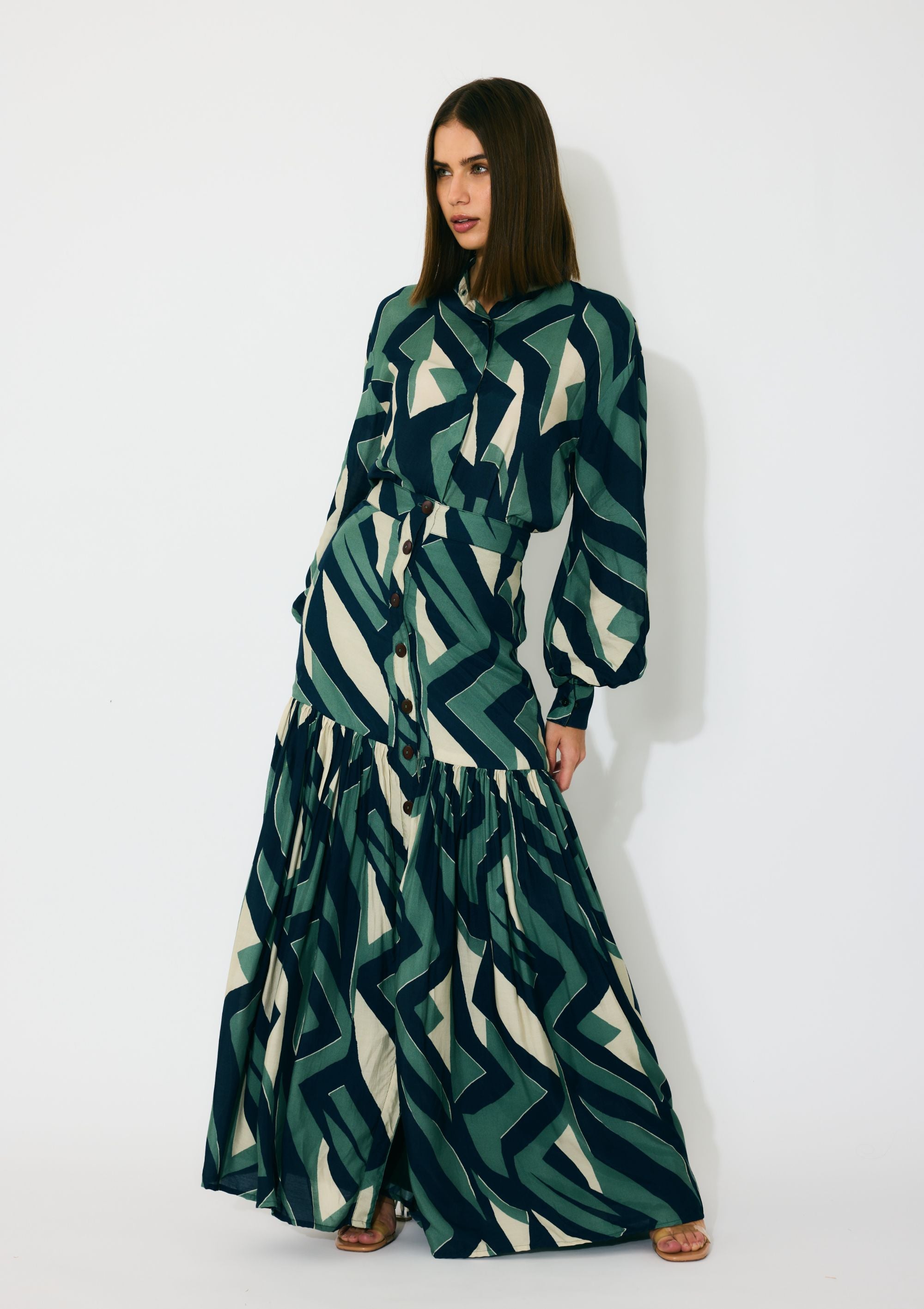 GREEN, INDIGO AND CREAM PATTERN SHIRT