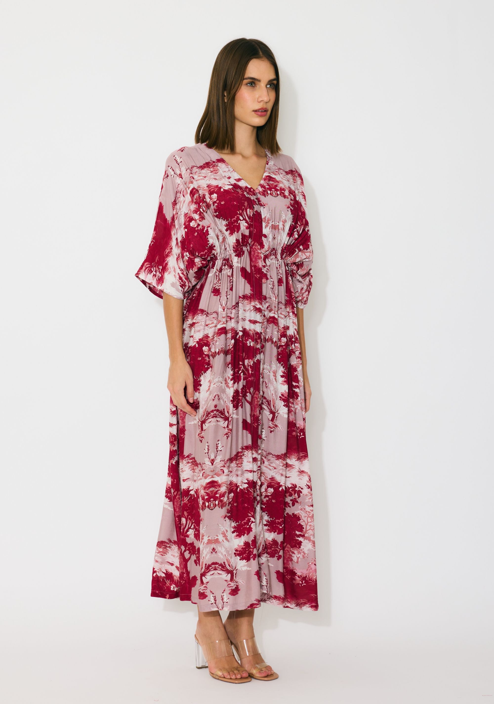 PEACH, RED AND CREAM TOILE PRINT KAFTAN DRESS