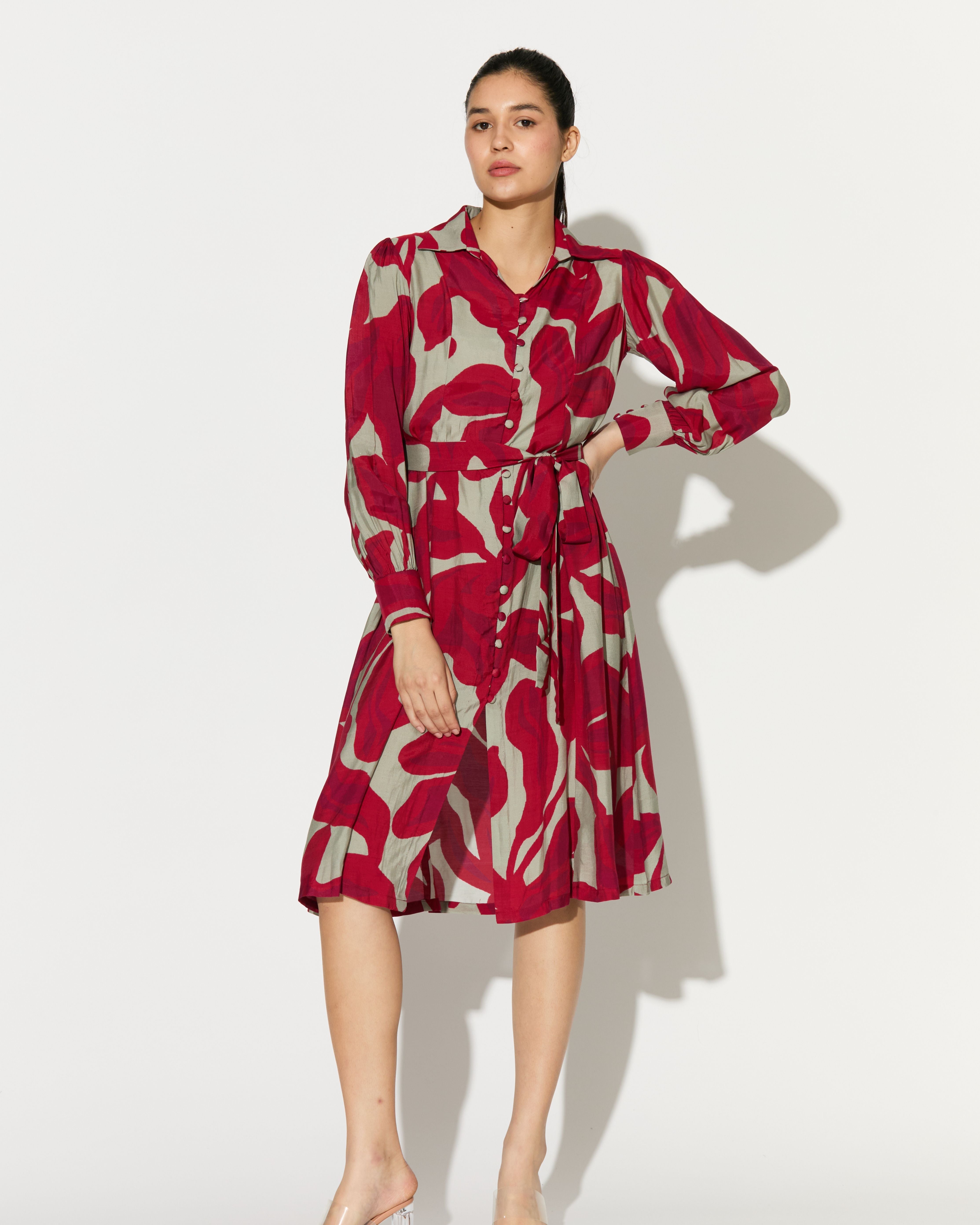 BEIGE AND HOT PINK FLORAL SHIRT DRESS