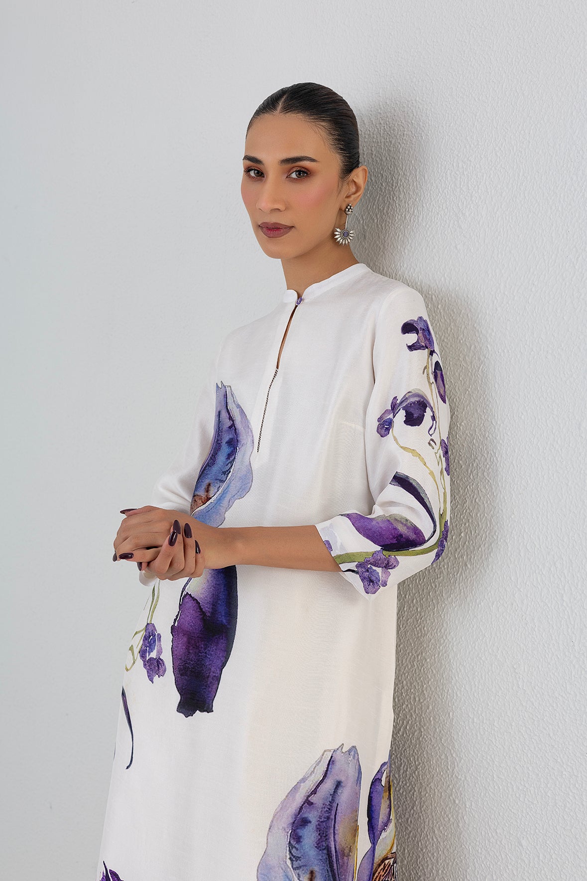 Pearl Ivory Dupion Iris Lily Printed Tunic