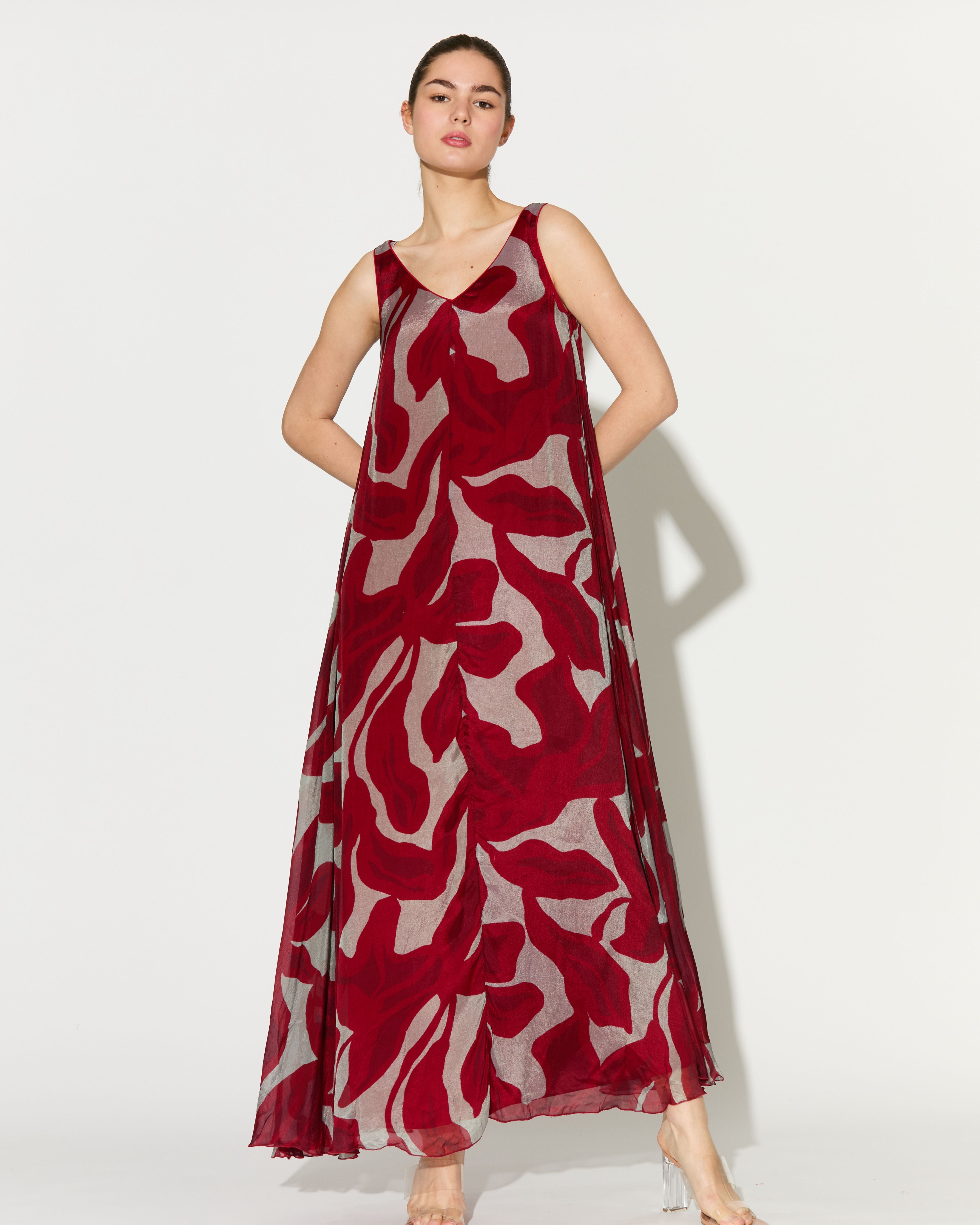 BEIGE AND HOT PINK FLORAL SLEEVELESS LONG DRESS