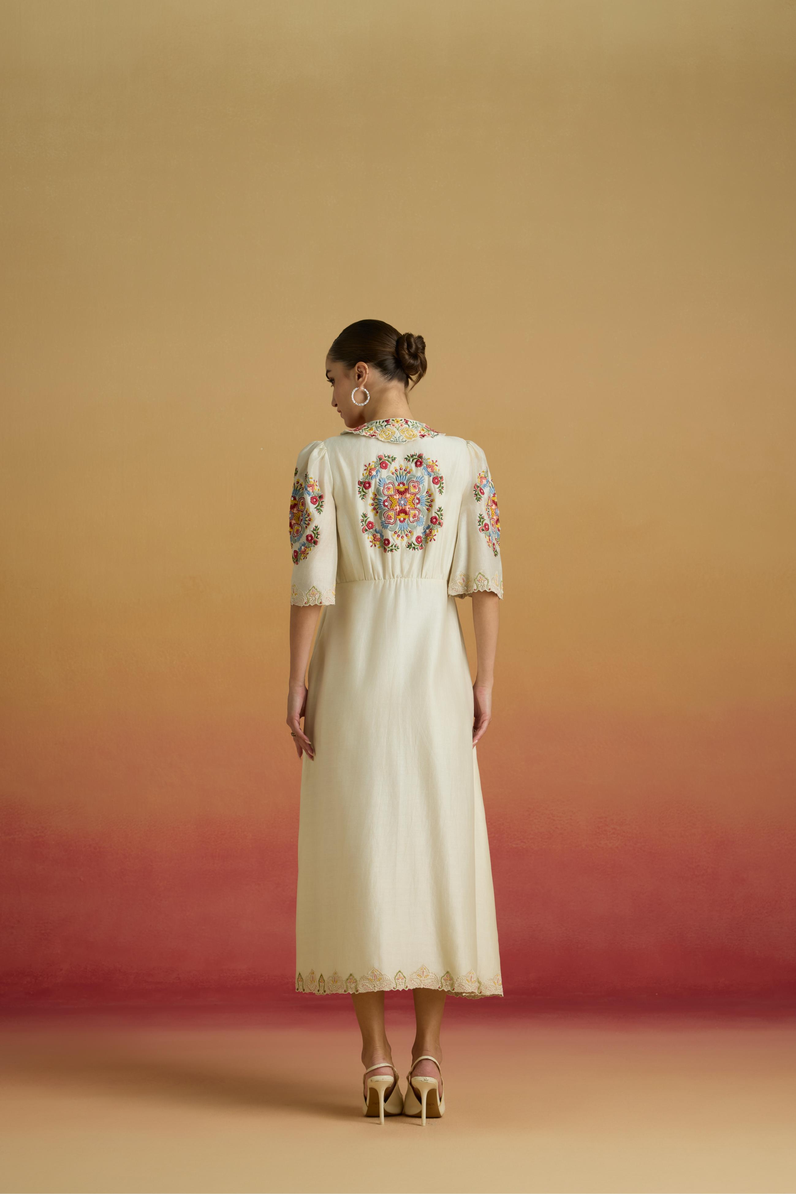 IVORY FLORAL THREADWORK SHIRT DRESS