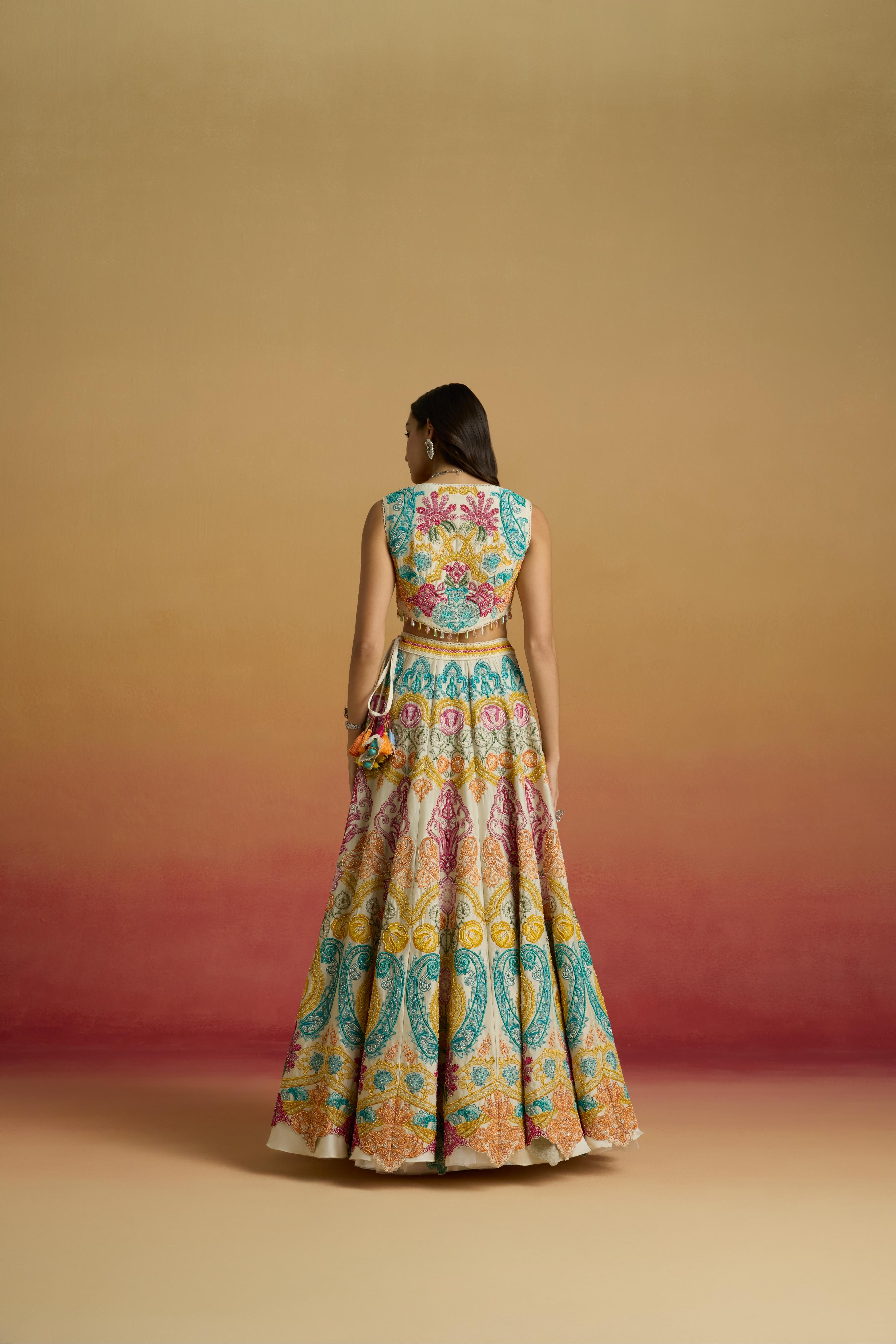 IVORY MULTICOLOUR PAISLEY CORDWORK LEHENGA