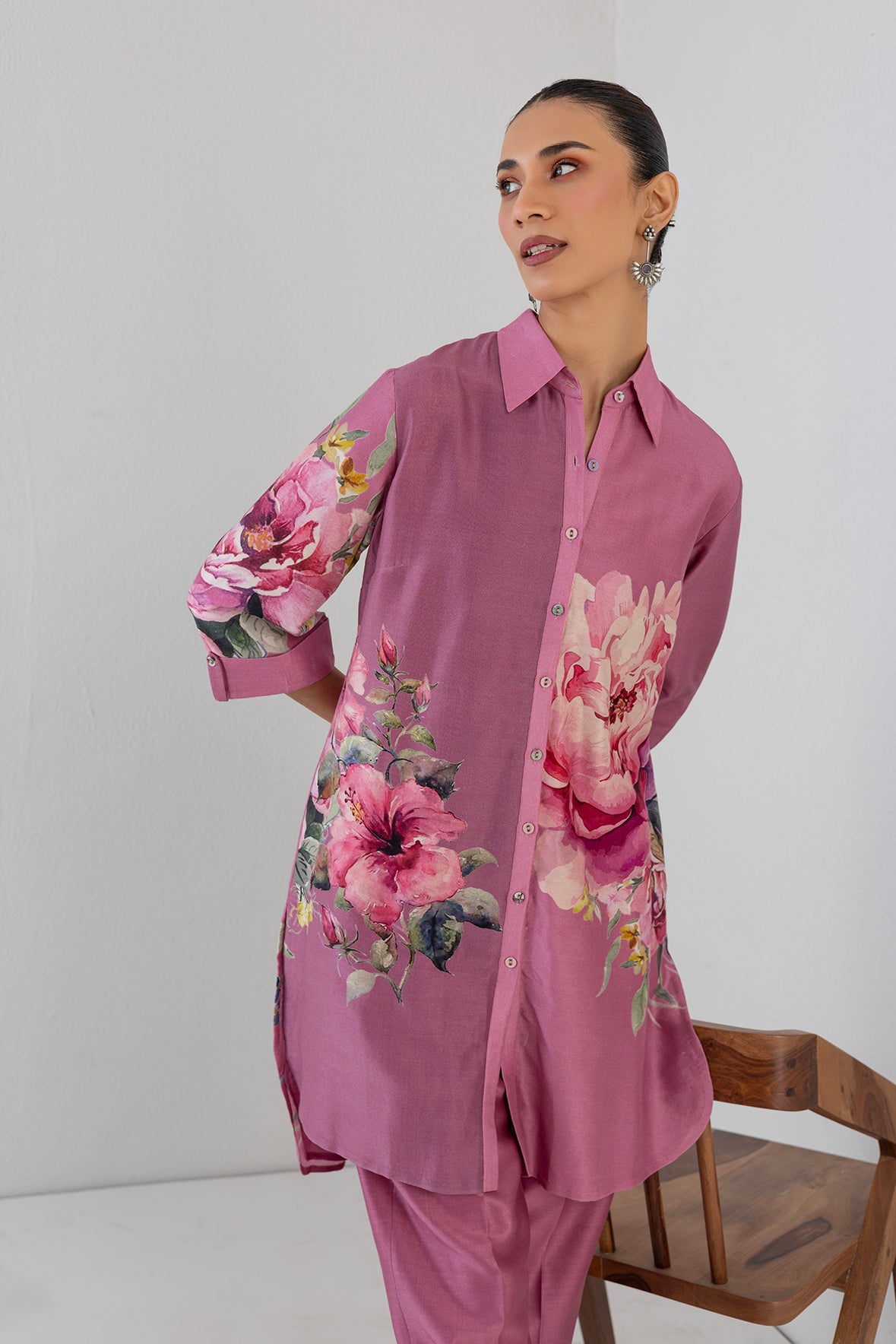 Blush Pink Silk Chanderi Peony Flower Printed Shirt