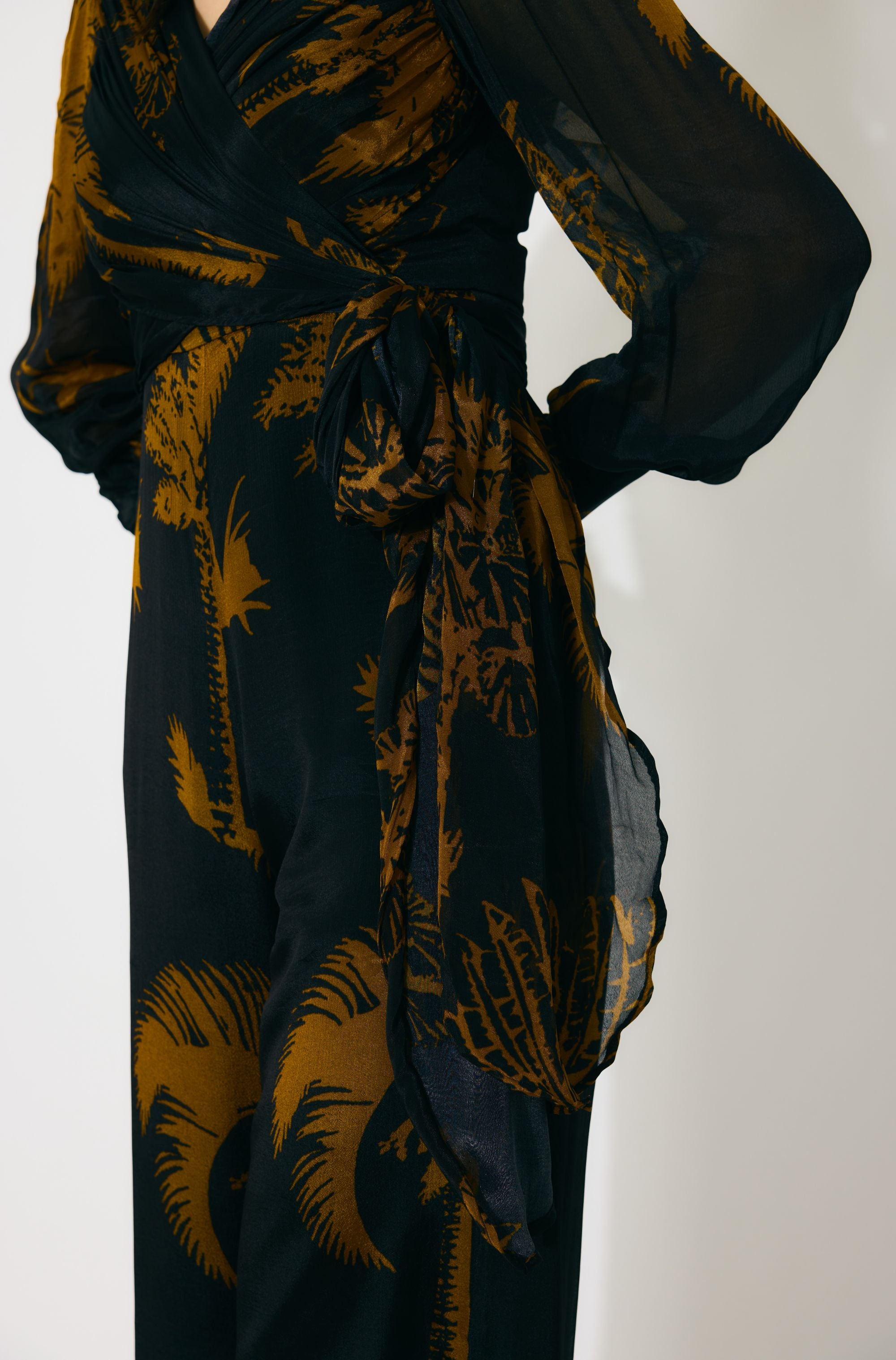 BLACK AND GOLD FLORAL WRAP JUMPSUIT